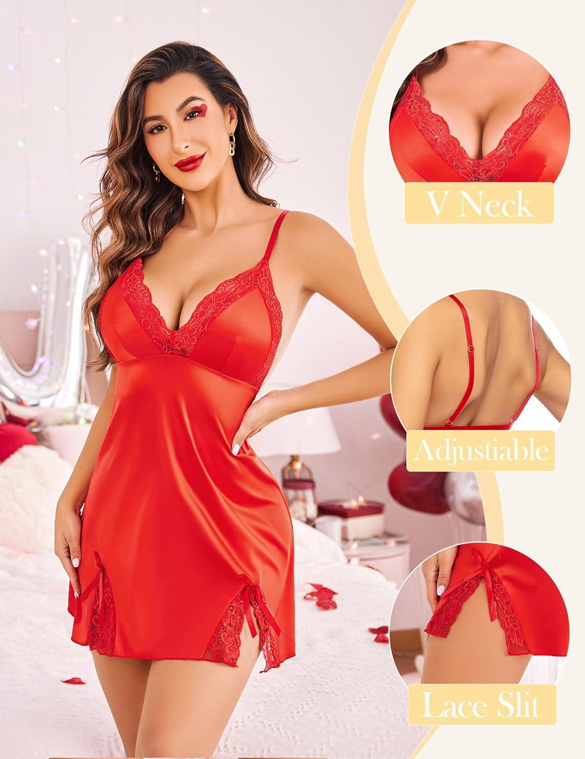 imageAvidlove Lingerie for Women Satin Lace Mini Dress V Neck Nightgown Sexy Boudoir OutfitsRed