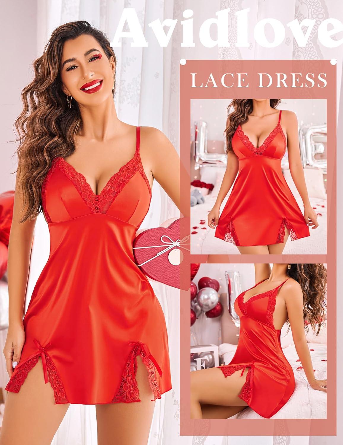 imageAvidlove Lingerie for Women Satin Lace Mini Dress V Neck Nightgown Sexy Boudoir OutfitsRed