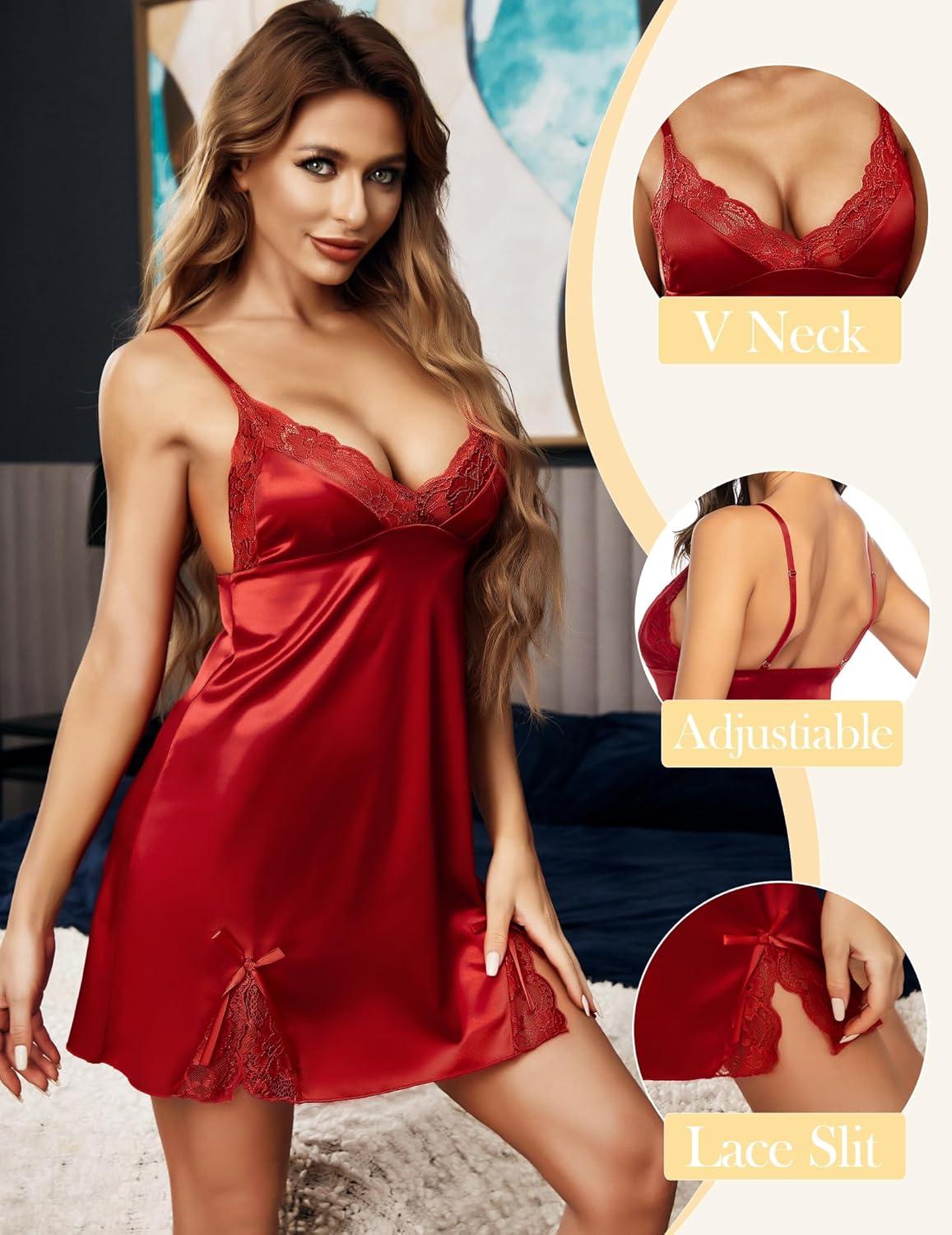 imageAvidlove Lingerie for Women Satin Lace Mini Dress V Neck Nightgown Sexy Boudoir OutfitsWine Red