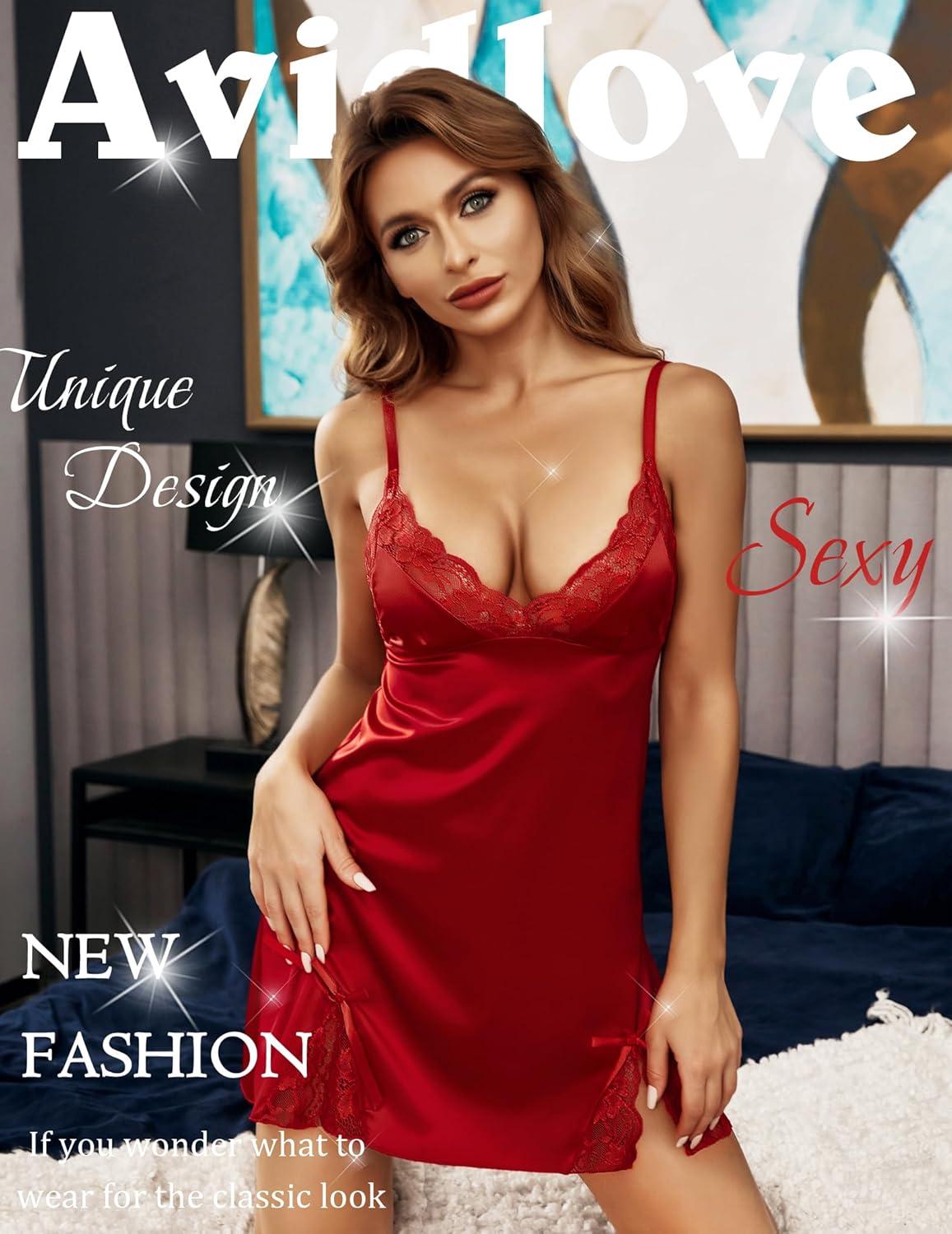 imageAvidlove Lingerie for Women Satin Lace Mini Dress V Neck Nightgown Sexy Boudoir OutfitsWine Red