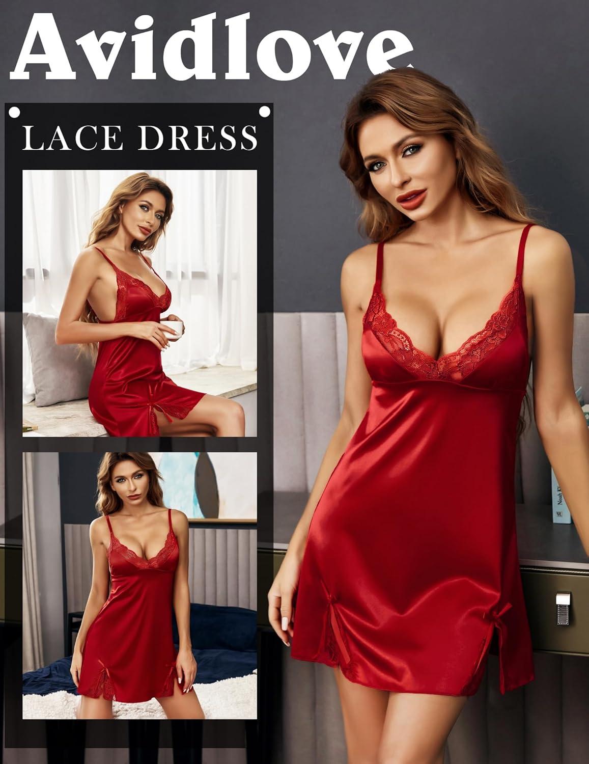 imageAvidlove Lingerie for Women Satin Lace Mini Dress V Neck Nightgown Sexy Boudoir OutfitsWine Red