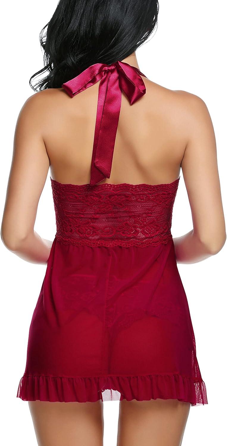 imageAvidlove Lingerie for Women Sexy Halter Lace Babydoll Dress Open Front Chemise Boudoir Nighty XS5XLA Dark Red