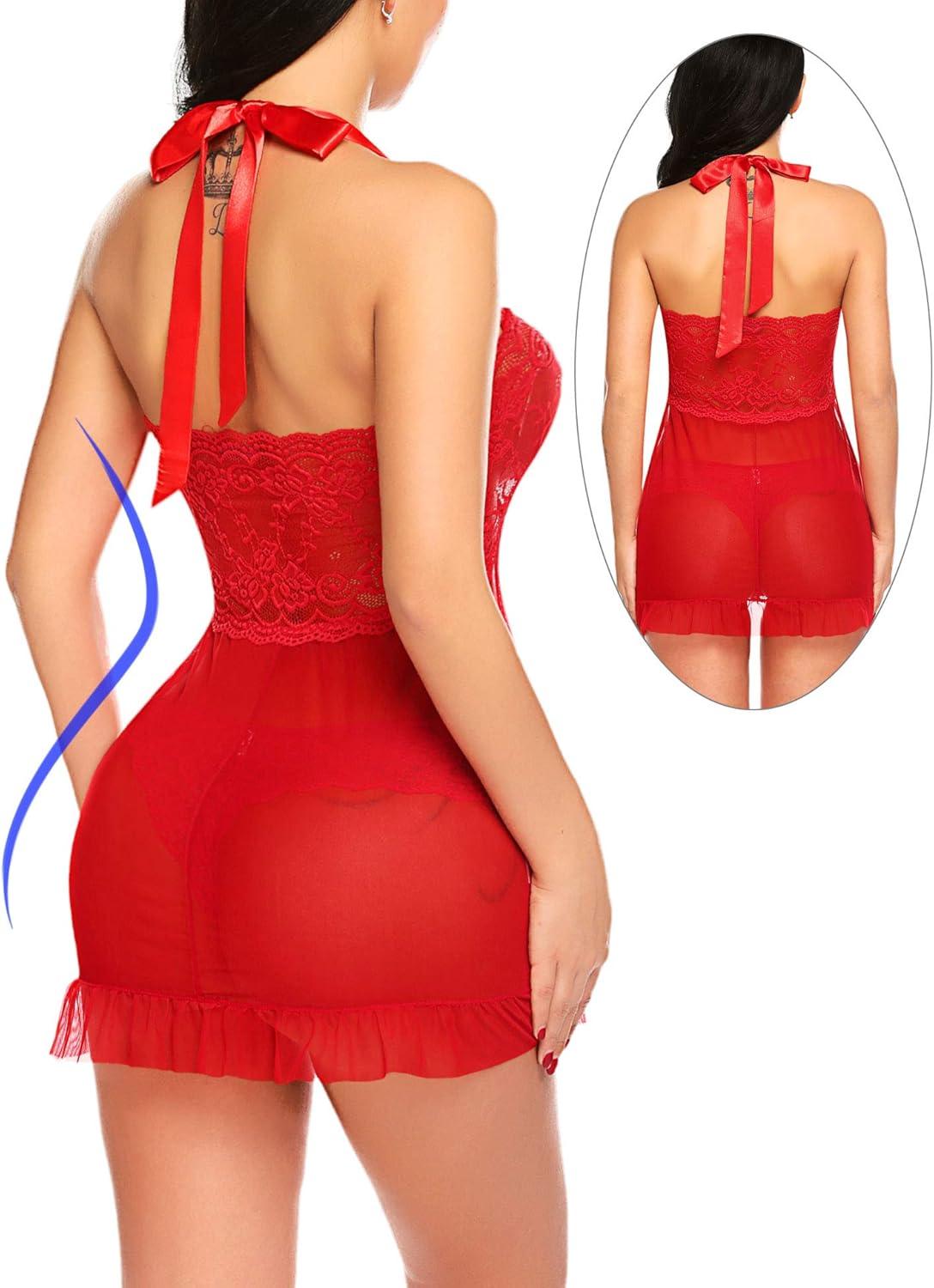 imageAvidlove Lingerie for Women Sexy Halter Lace Babydoll Dress Open Front Chemise Boudoir Nighty XS5XLA Hot Red