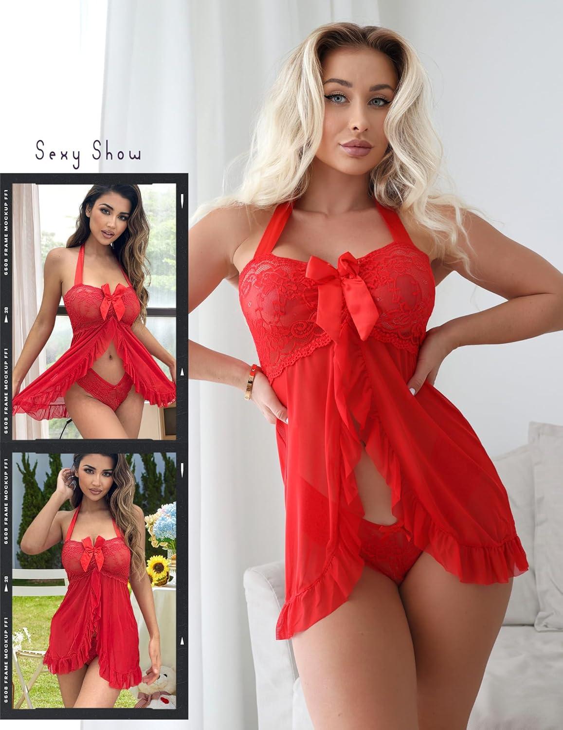 imageAvidlove Lingerie for Women Sexy Halter Lace Babydoll Dress Open Front Chemise Boudoir Nighty XS5XLA Hot Red