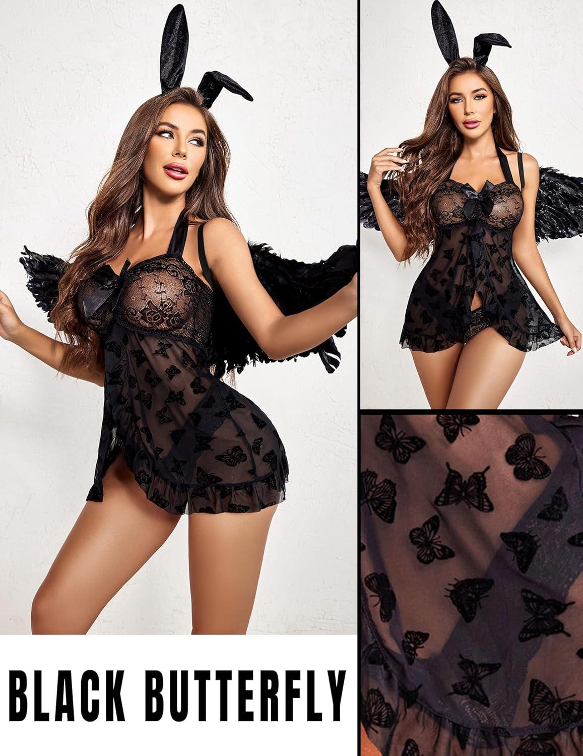 imageAvidlove Lingerie for Women Sexy Halter Lace Babydoll Dress Open Front Chemise Boudoir Nighty XS5XLBlack Butterfly