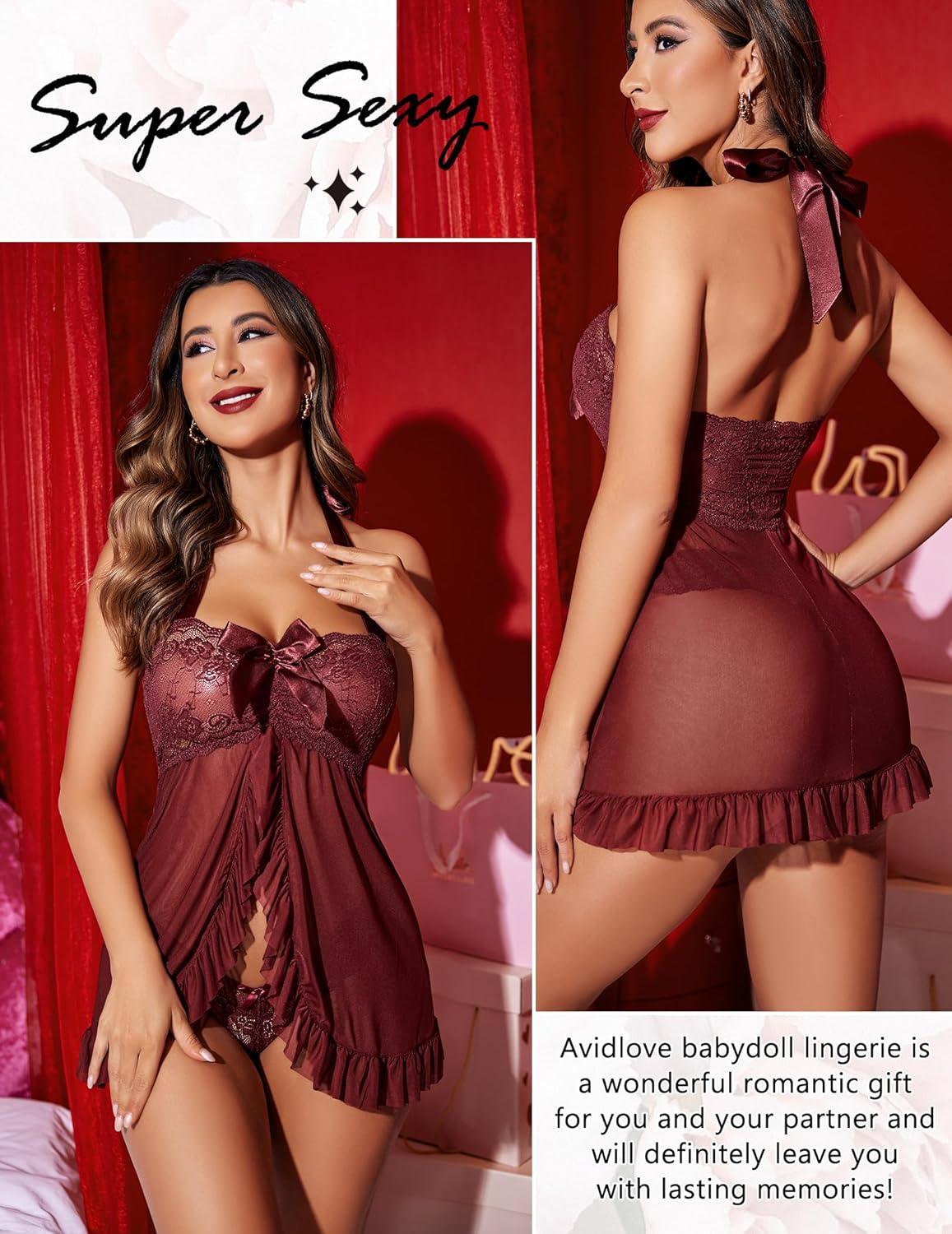 imageAvidlove Lingerie for Women Sexy Halter Lace Babydoll Dress Open Front Chemise Boudoir Nighty XS5XLBurgundy