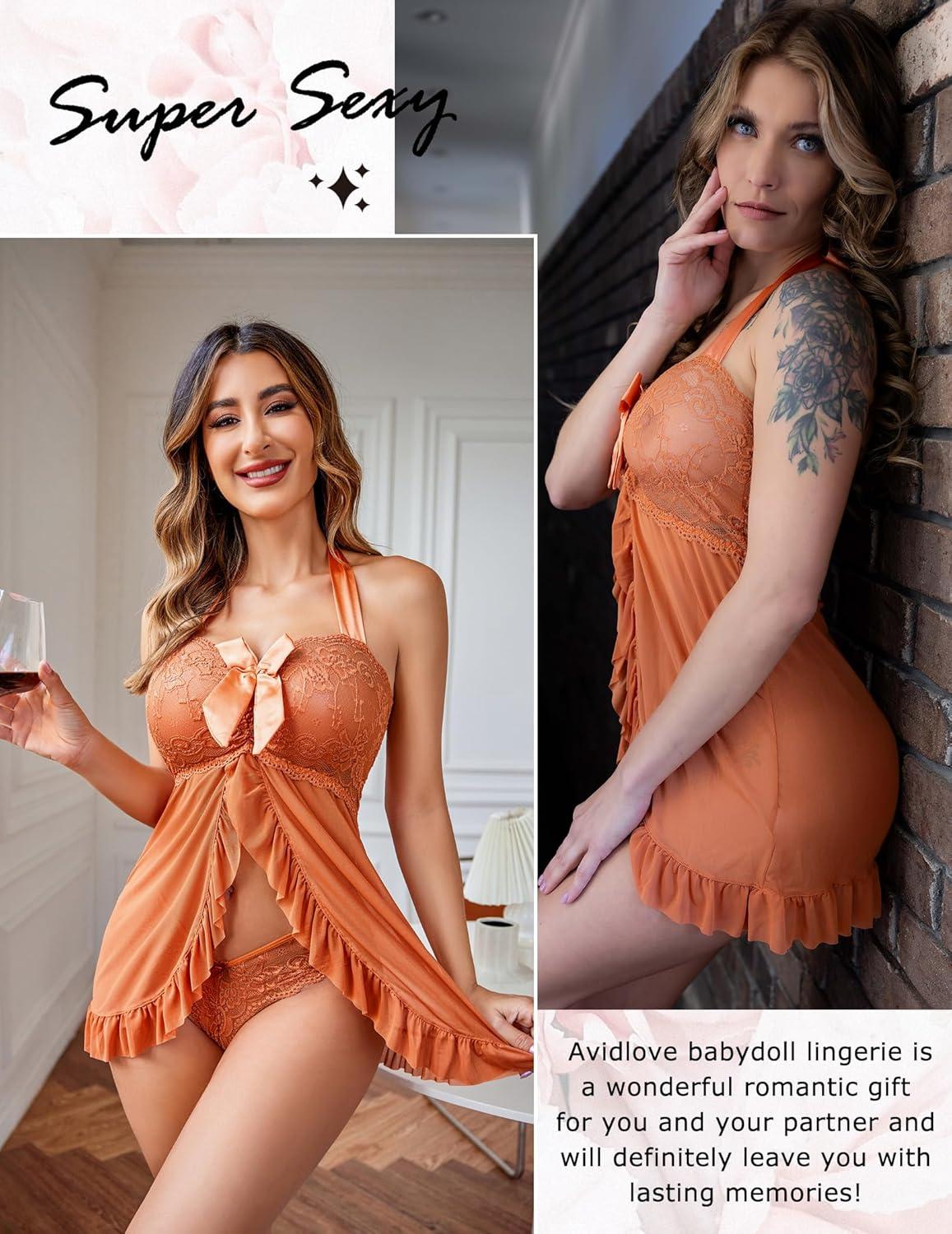imageAvidlove Lingerie for Women Sexy Halter Lace Babydoll Dress Open Front Chemise Boudoir Nighty XS5XLCaramel