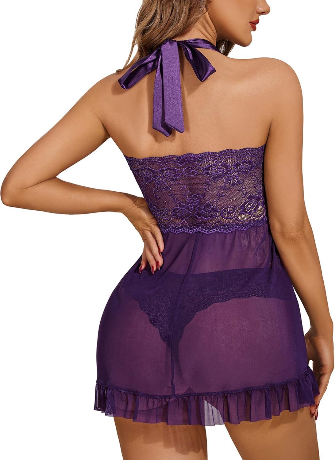 imageAvidlove Lingerie for Women Sexy Halter Lace Babydoll Dress Open Front Chemise Boudoir Nighty XS5XLDark Purple
