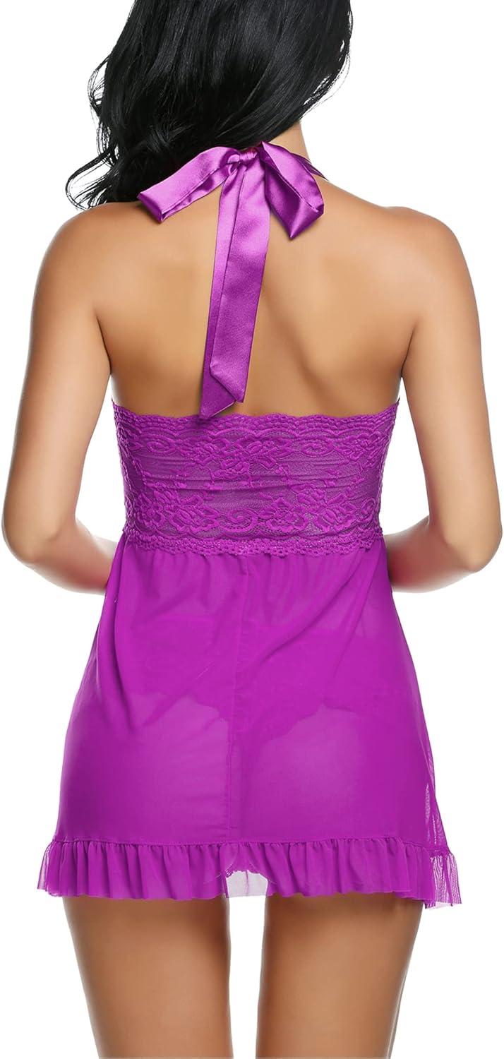 imageAvidlove Lingerie for Women Sexy Halter Lace Babydoll Dress Open Front Chemise Boudoir Nighty XS5XLLight Purple