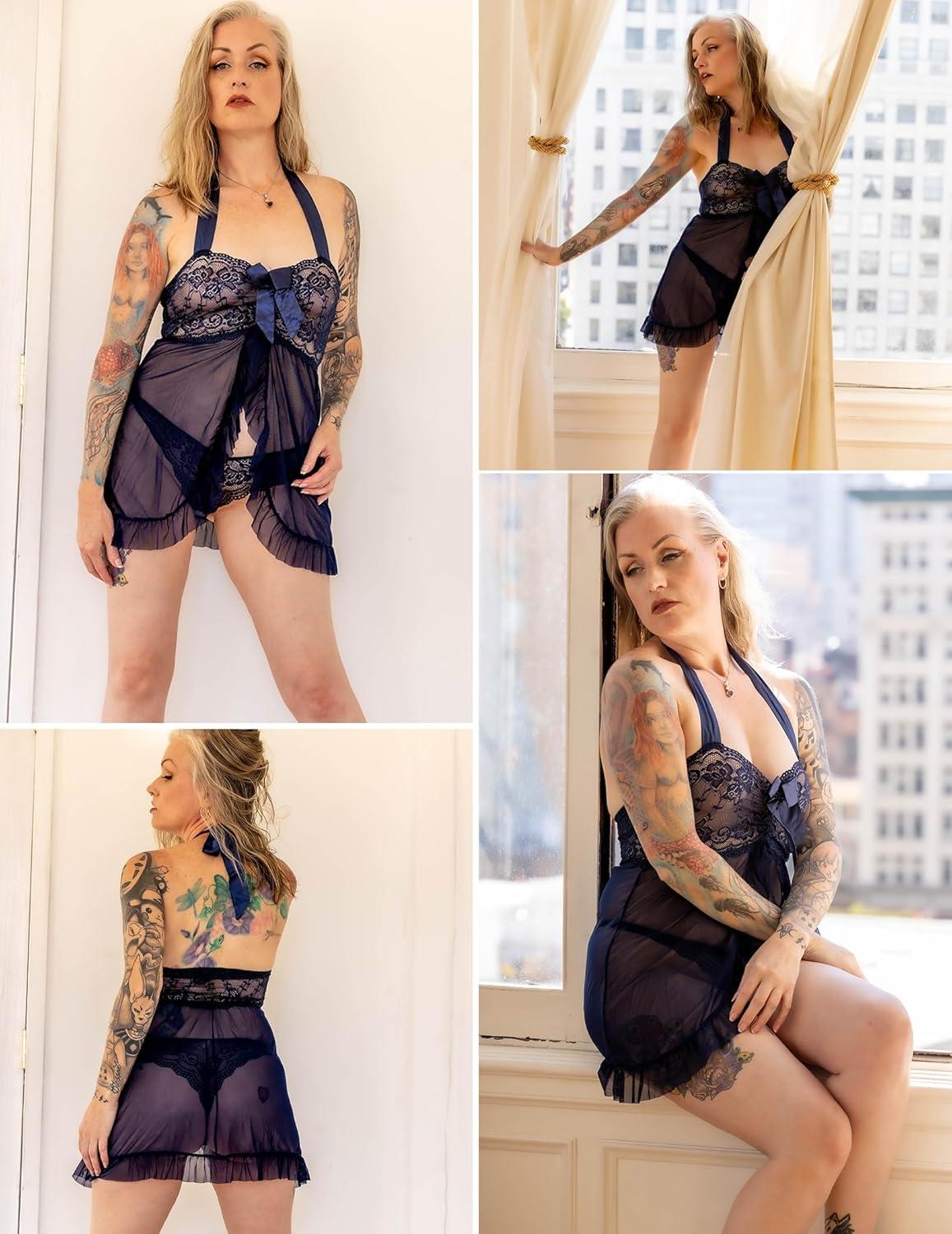 imageAvidlove Lingerie for Women Sexy Halter Lace Babydoll Dress Open Front Chemise Boudoir Nighty XS5XLNavy Blue