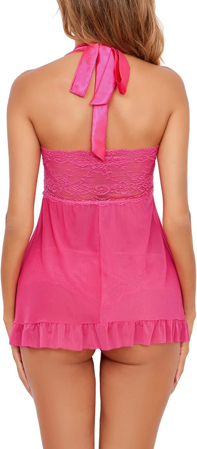 imageAvidlove Lingerie for Women Sexy Halter Lace Babydoll Dress Open Front Chemise Boudoir Nighty XS5XLRose Red