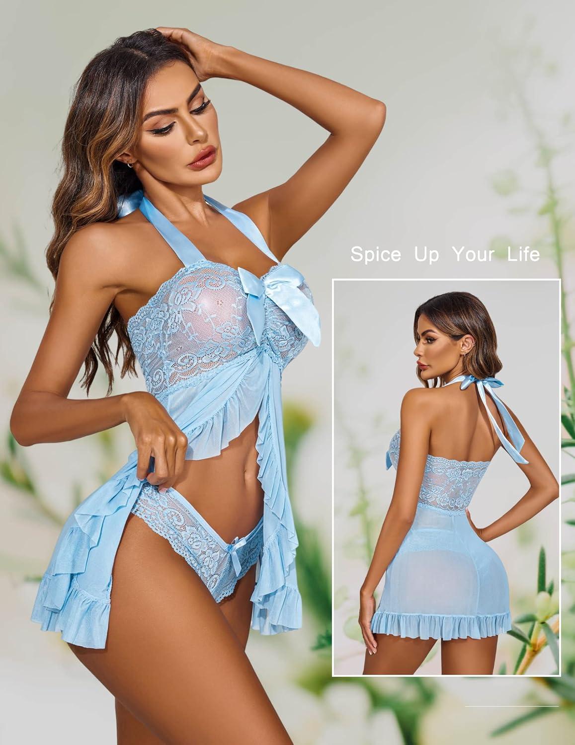 imageAvidlove Lingerie for Women Sexy Halter Lace Babydoll Dress Open Front Chemise Boudoir Nighty XS5XLSky Blue