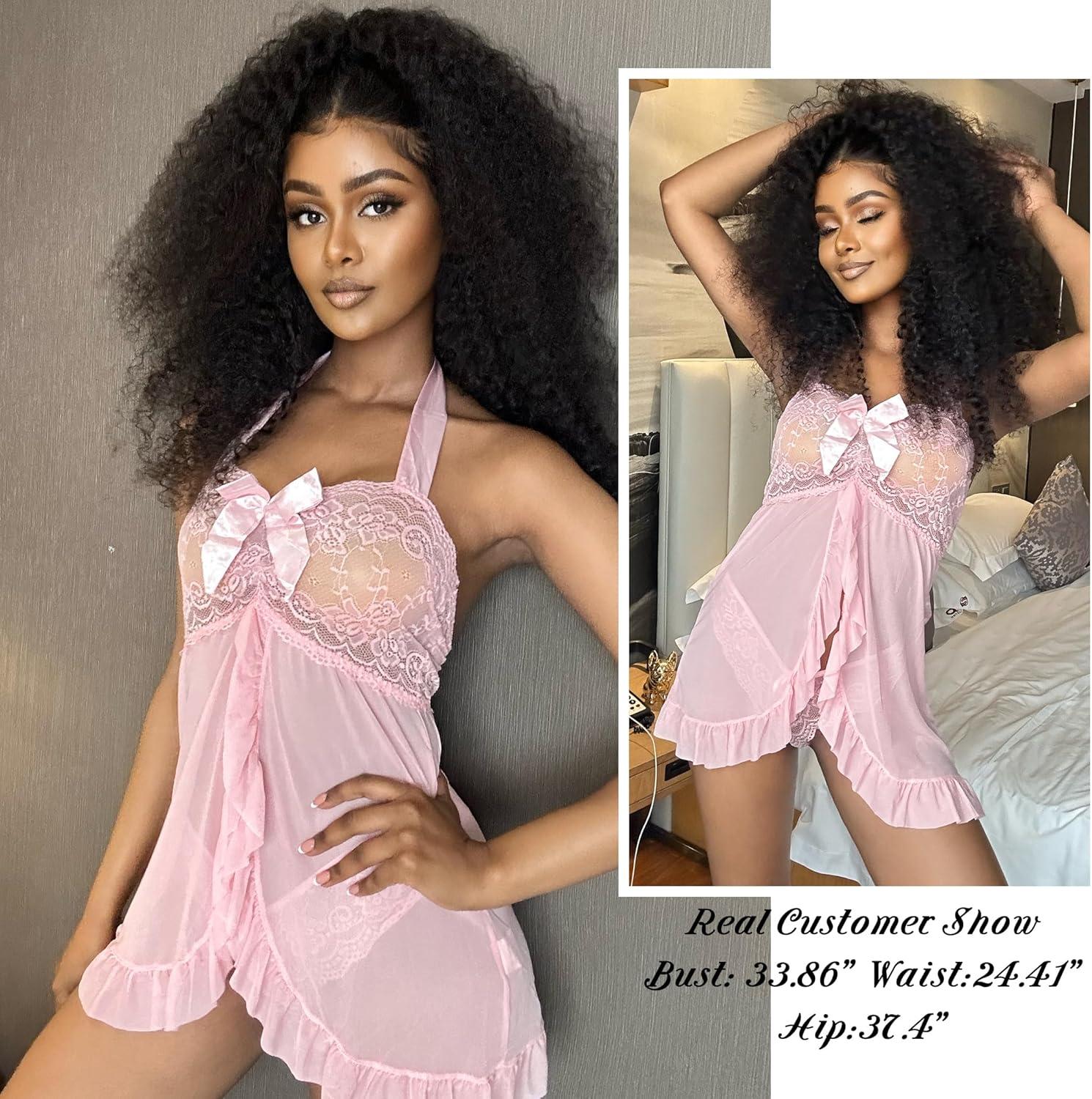 imageAvidlove Lingerie for Women Sexy Halter Lace Babydoll Dress Open Front Chemise Boudoir Nighty XS5XLSweet Pink