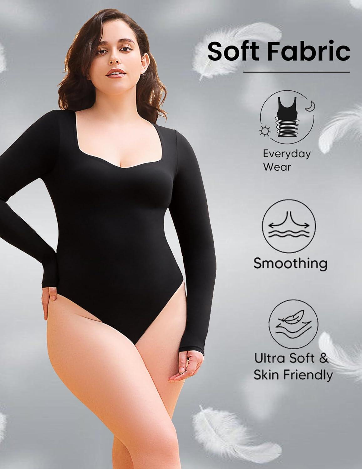 imageAvidlove Long Sleeve Bodysuits for Women Sexy Sweetheart Neck Going Out Outfits Double Lined BodysuitBlack