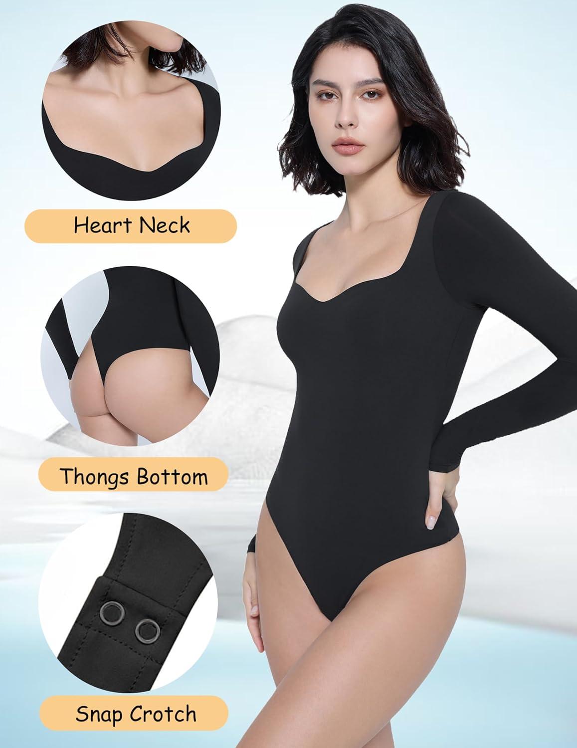imageAvidlove Long Sleeve Bodysuits for Women Sexy Sweetheart Neck Going Out Outfits Double Lined BodysuitBlack