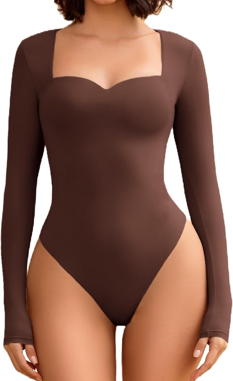 imageAvidlove Long Sleeve Bodysuits for Women Sexy Sweetheart Neck Going Out Outfits Double Lined BodysuitBrown
