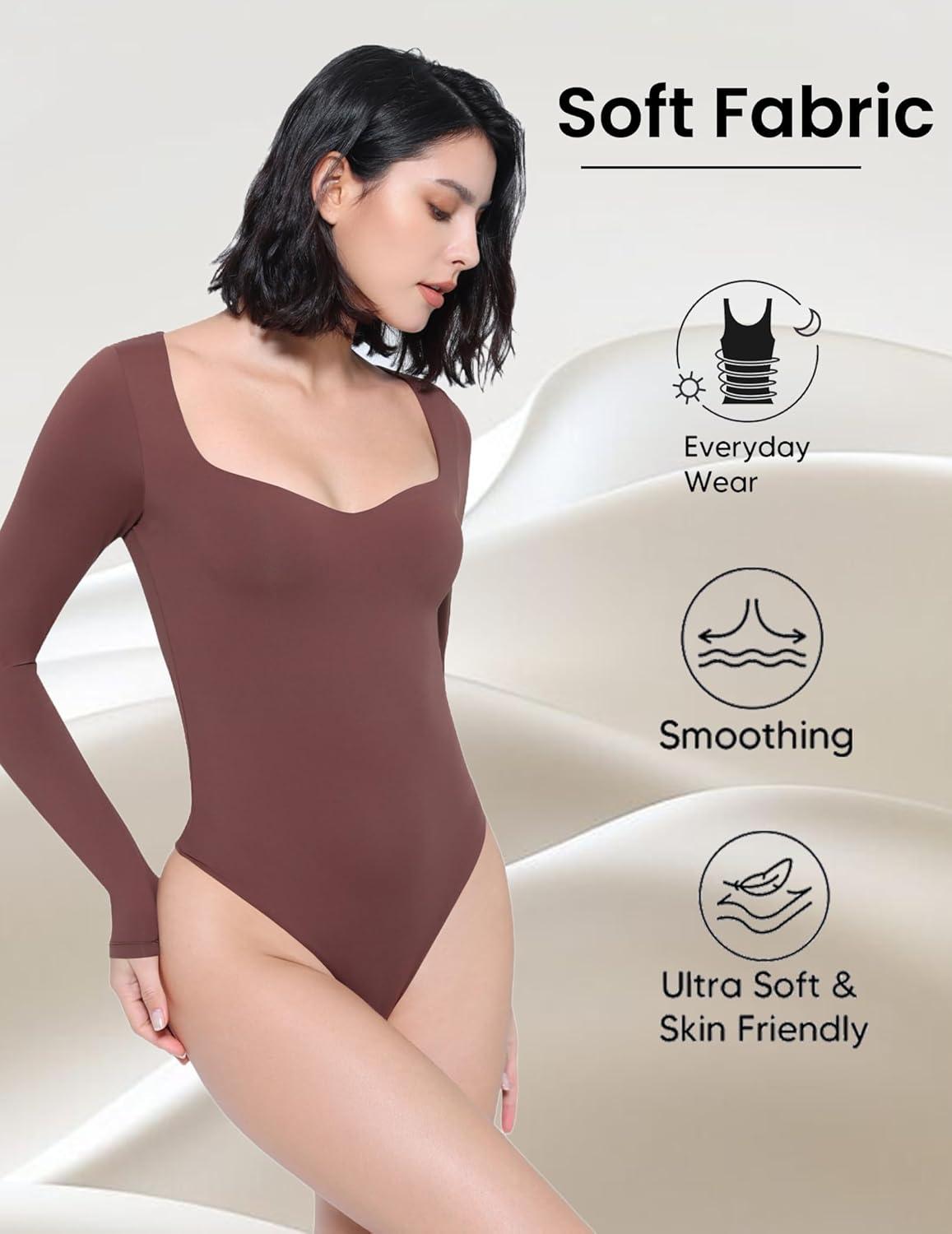 imageAvidlove Long Sleeve Bodysuits for Women Sexy Sweetheart Neck Going Out Outfits Double Lined BodysuitBrown