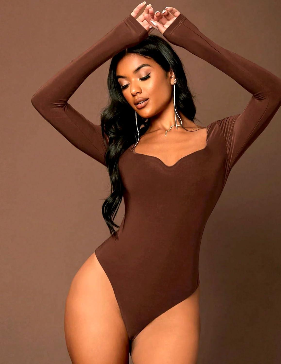 imageAvidlove Long Sleeve Bodysuits for Women Sexy Sweetheart Neck Going Out Outfits Double Lined BodysuitBrown