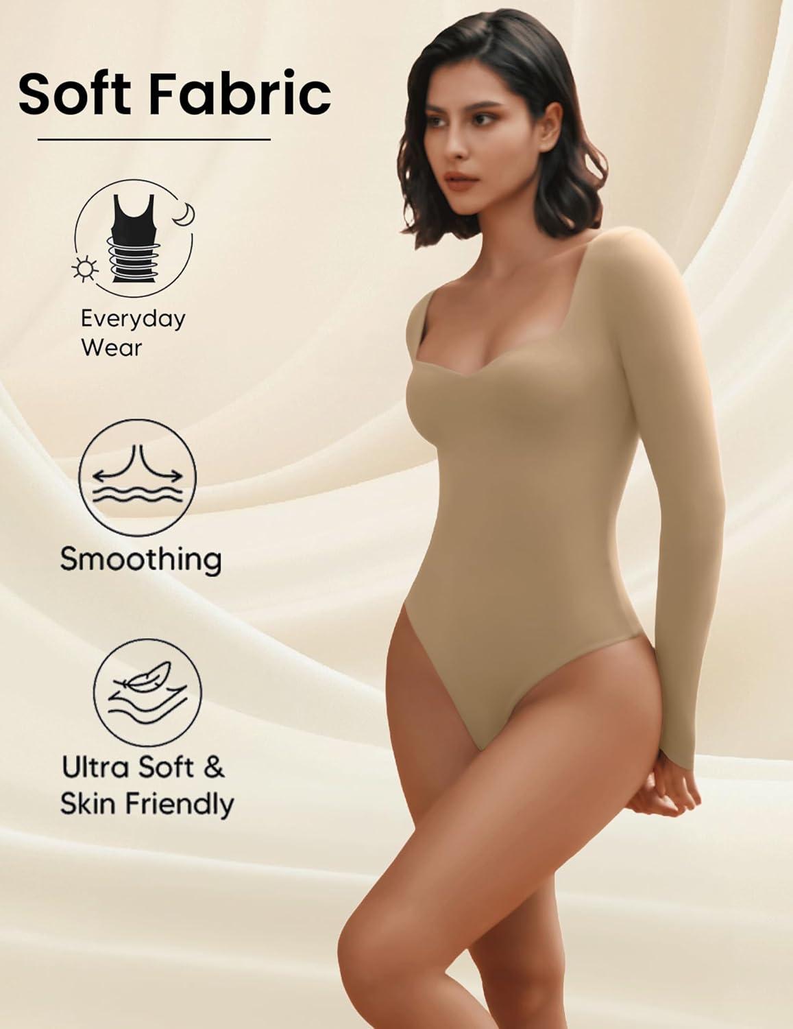 imageAvidlove Long Sleeve Bodysuits for Women Sexy Sweetheart Neck Going Out Outfits Double Lined BodysuitKhaki