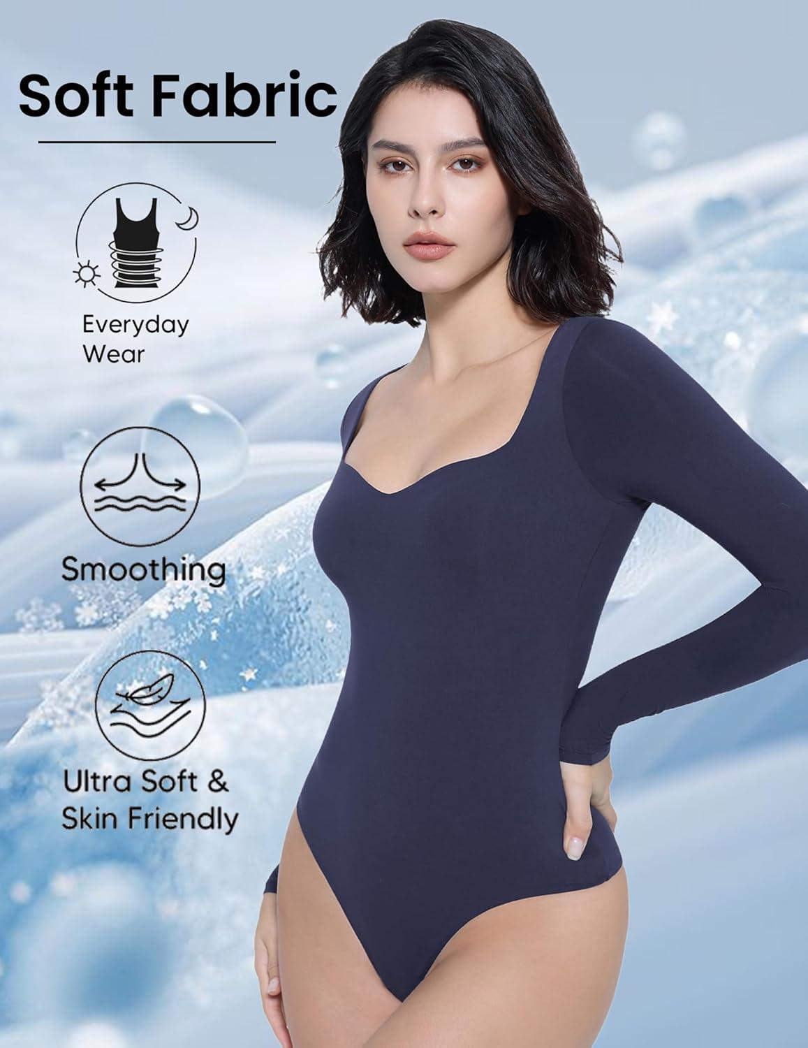 imageAvidlove Long Sleeve Bodysuits for Women Sexy Sweetheart Neck Going Out Outfits Double Lined BodysuitNavy Blue