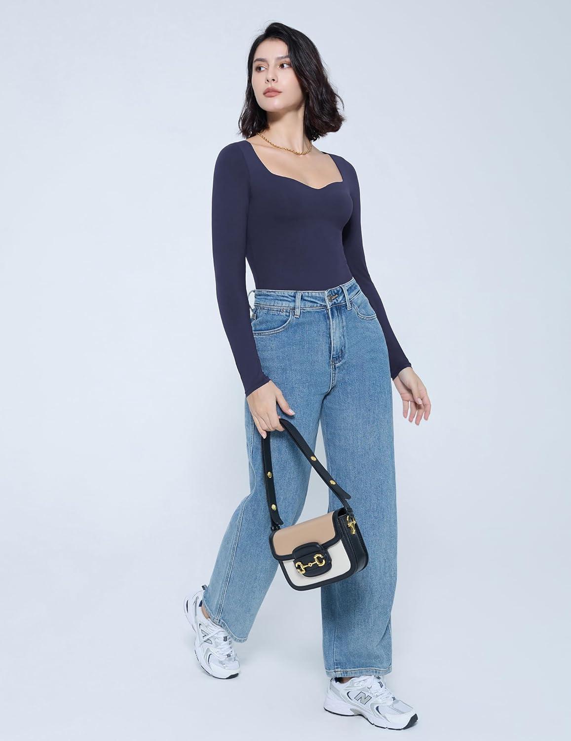 imageAvidlove Long Sleeve Bodysuits for Women Sexy Sweetheart Neck Going Out Outfits Double Lined BodysuitNavy Blue