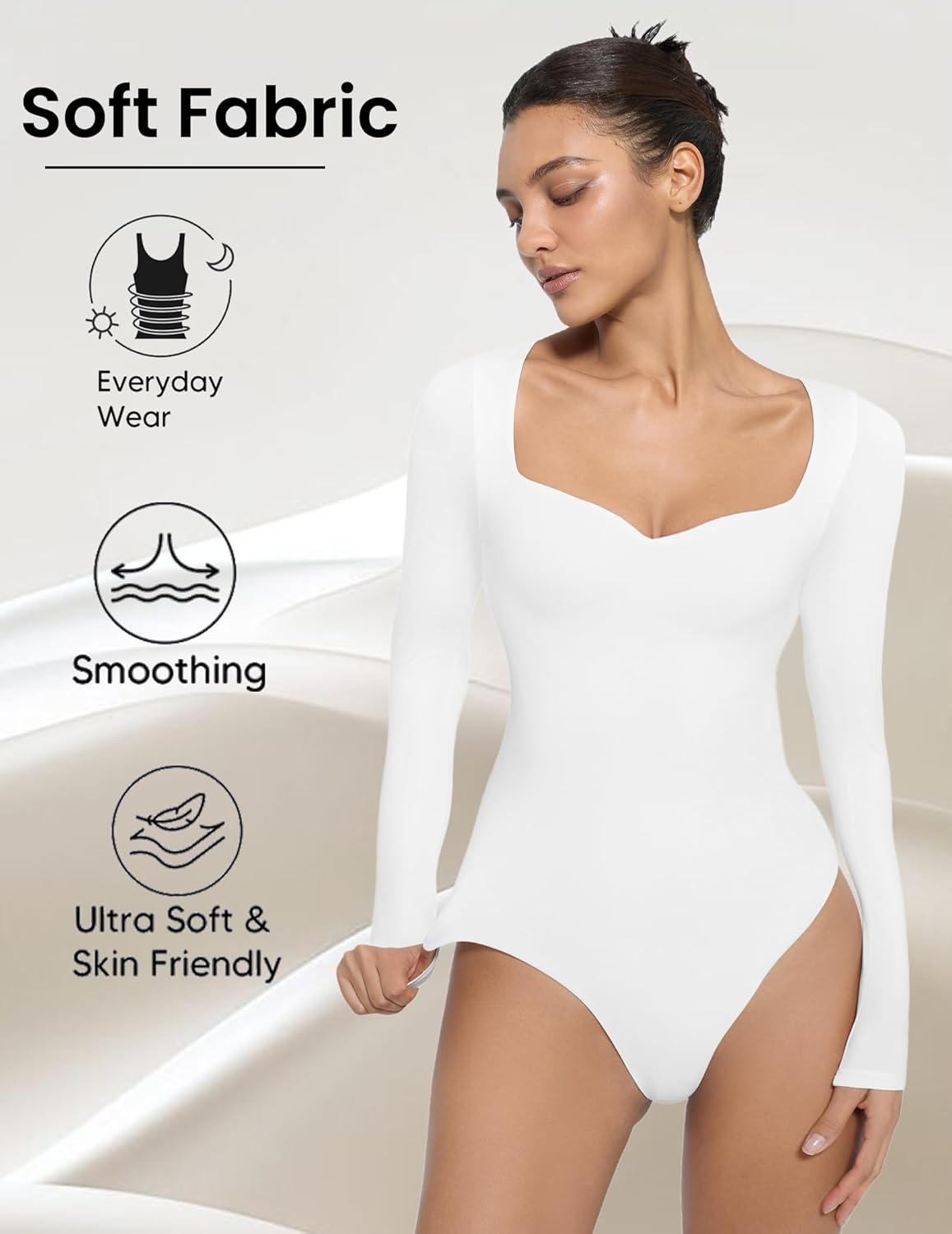 imageAvidlove Long Sleeve Bodysuits for Women Sexy Sweetheart Neck Going Out Outfits Double Lined BodysuitWhite