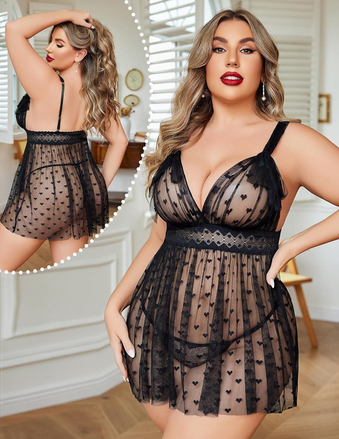 imageAvidlove Plus Size Lingeire for women Lace Babydoll Mesh Chemise Sexy Nightwear Sheer Nightie with Lace Up Bows L4XLBlack