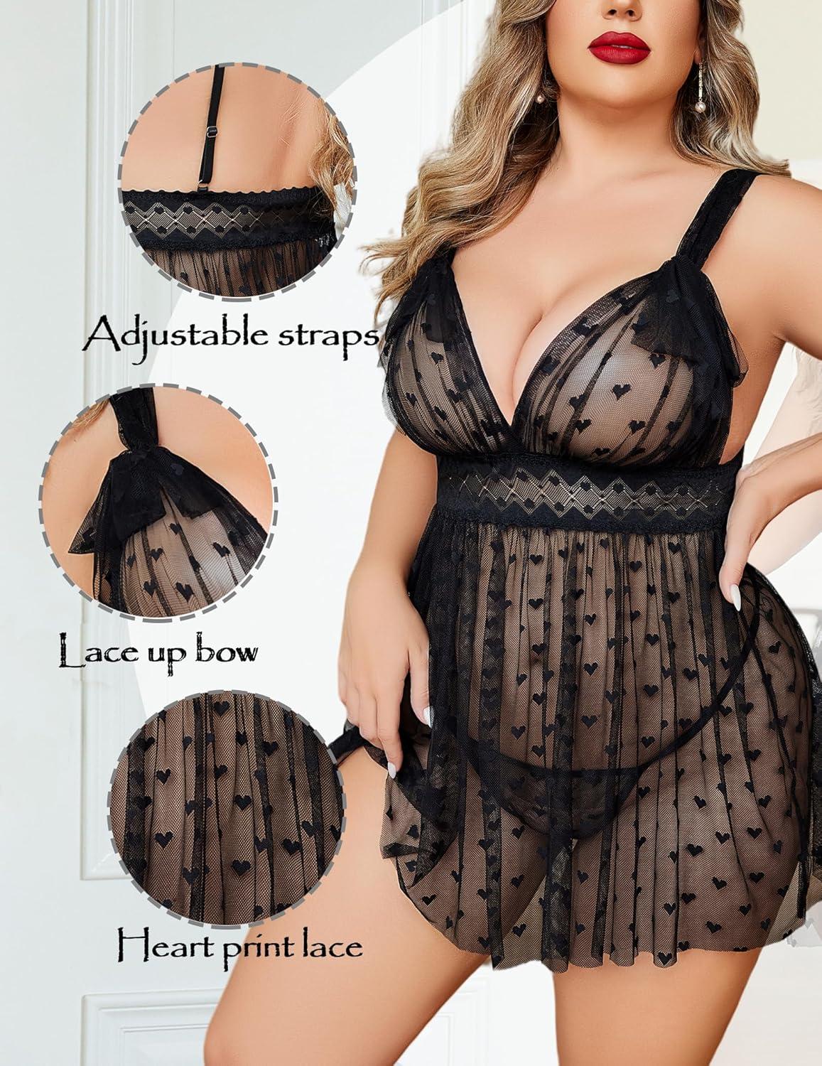 imageAvidlove Plus Size Lingeire for women Lace Babydoll Mesh Chemise Sexy Nightwear Sheer Nightie with Lace Up Bows L4XLBlack