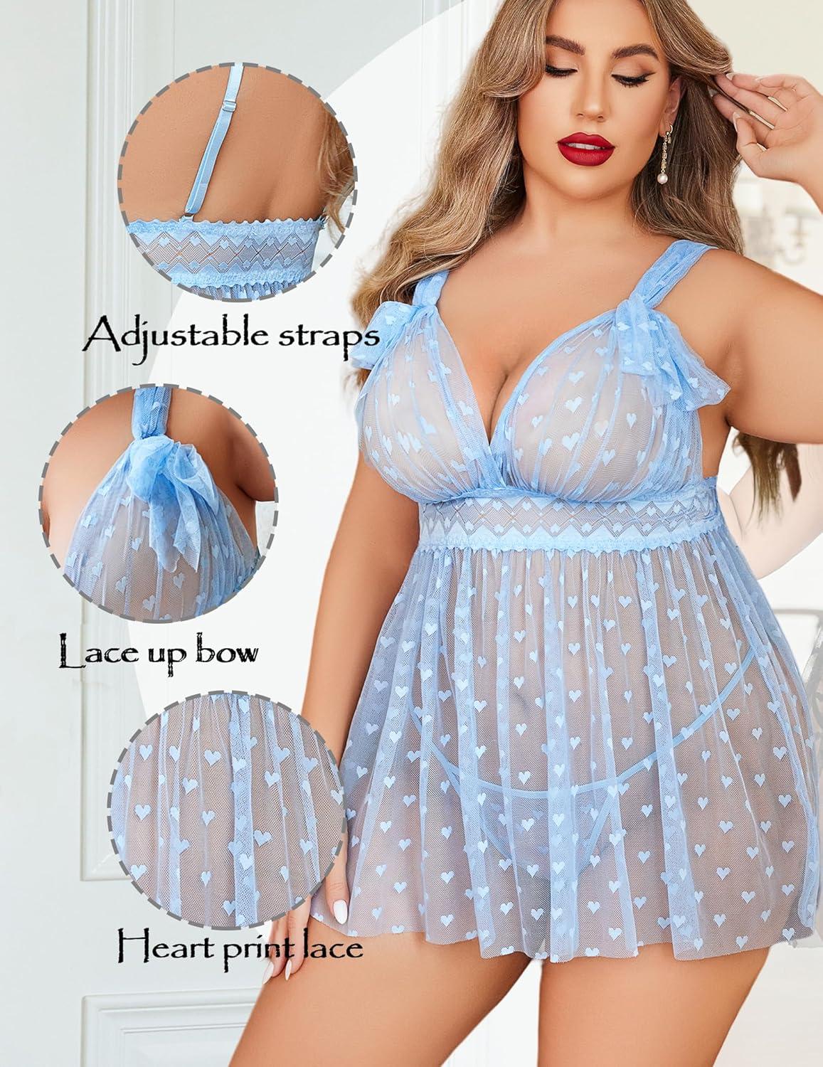 imageAvidlove Plus Size Lingeire for women Lace Babydoll Mesh Chemise Sexy Nightwear Sheer Nightie with Lace Up Bows L4XLBlue