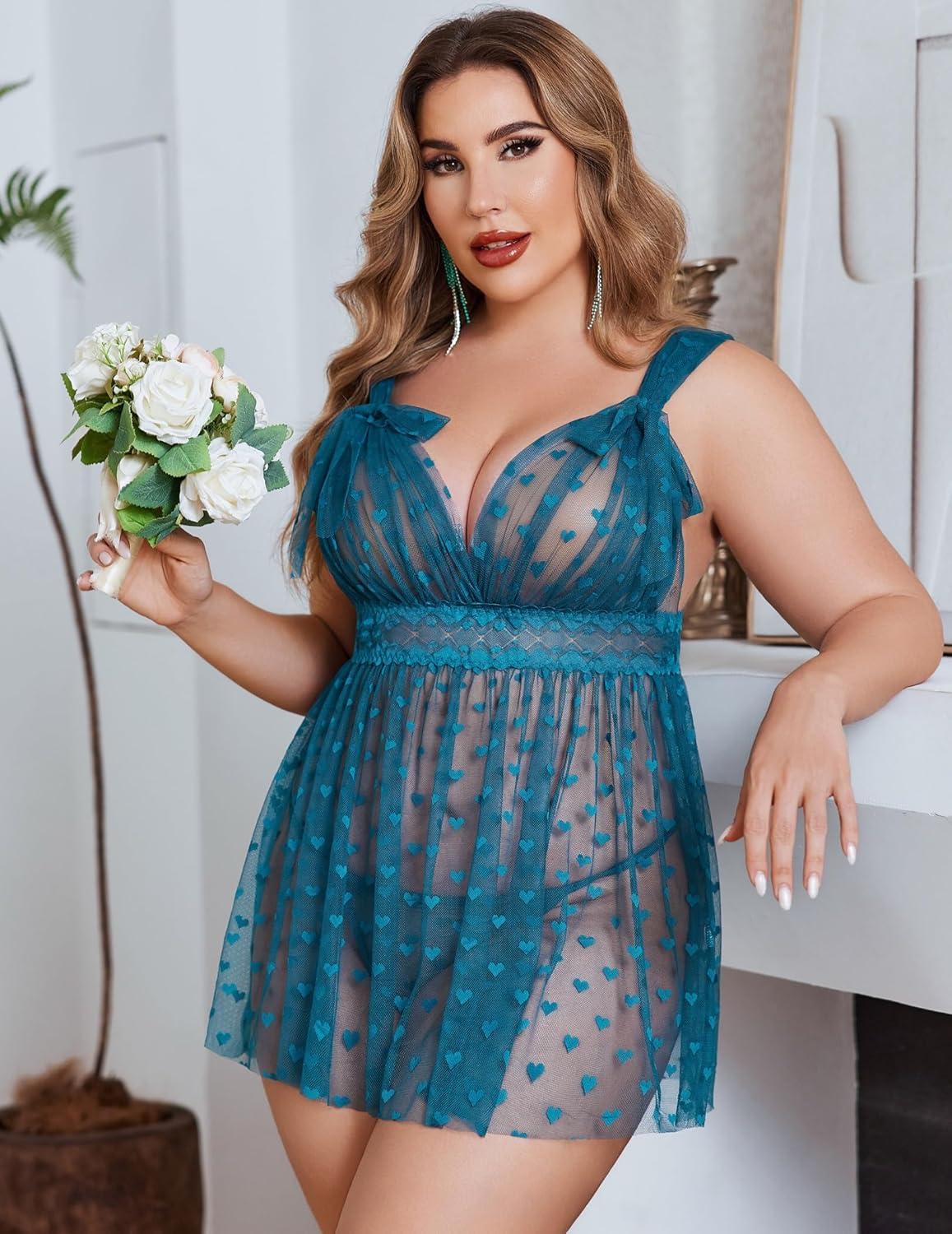imageAvidlove Plus Size Lingeire for women Lace Babydoll Mesh Chemise Sexy Nightwear Sheer Nightie with Lace Up Bows L4XLBlue Green