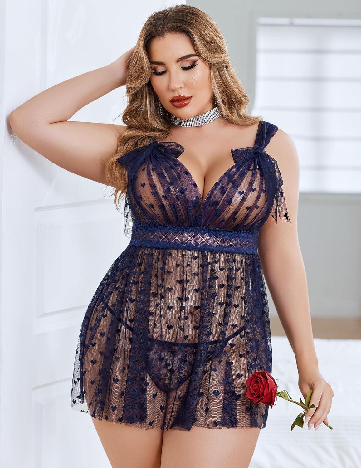 imageAvidlove Plus Size Lingeire for women Lace Babydoll Mesh Chemise Sexy Nightwear Sheer Nightie with Lace Up Bows L4XLDark Blue