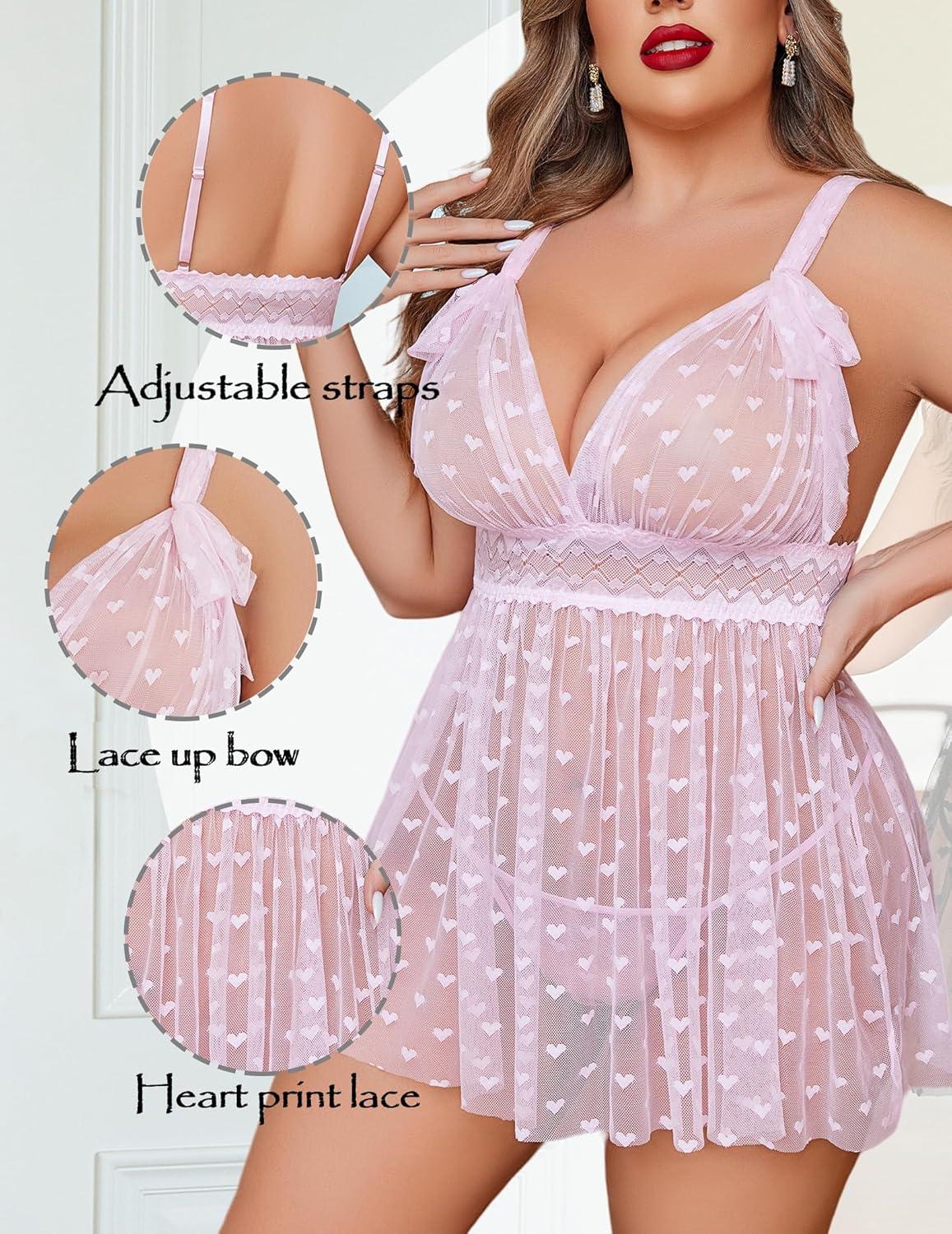 imageAvidlove Plus Size Lingeire for women Lace Babydoll Mesh Chemise Sexy Nightwear Sheer Nightie with Lace Up Bows L4XLPink