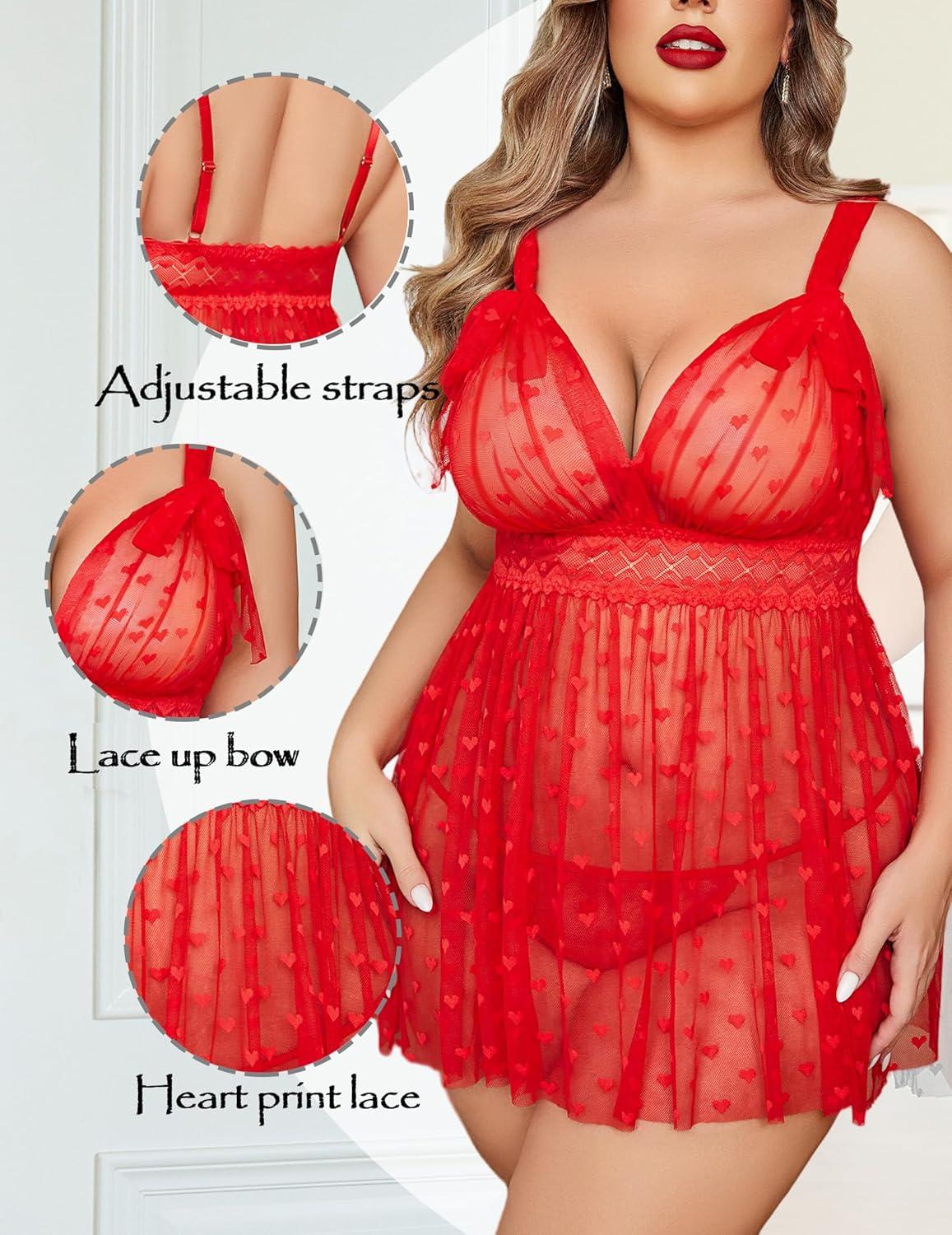 imageAvidlove Plus Size Lingeire for women Lace Babydoll Mesh Chemise Sexy Nightwear Sheer Nightie with Lace Up Bows L4XLRed