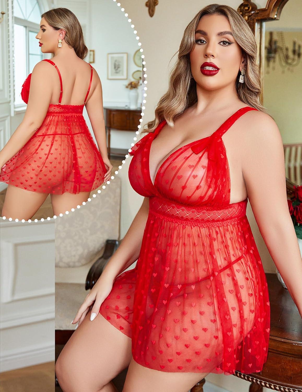 imageAvidlove Plus Size Lingeire for women Lace Babydoll Mesh Chemise Sexy Nightwear Sheer Nightie with Lace Up Bows L4XLRed