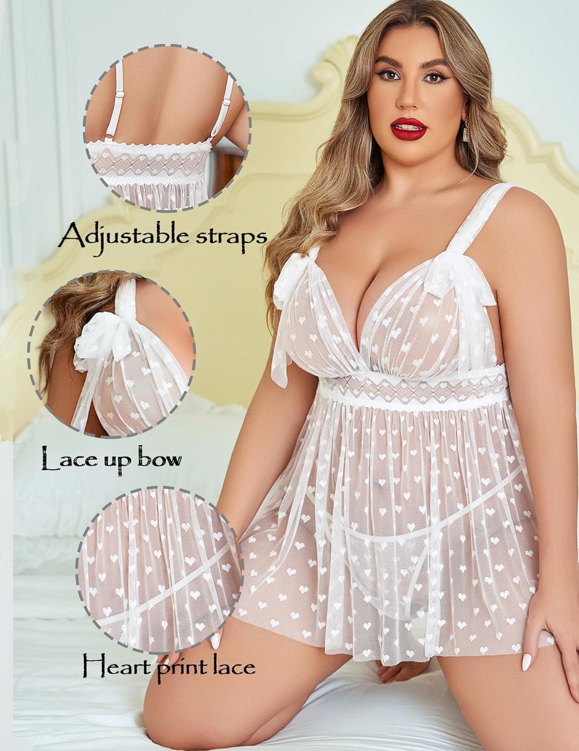 imageAvidlove Plus Size Lingeire for women Lace Babydoll Mesh Chemise Sexy Nightwear Sheer Nightie with Lace Up Bows L4XLWhite