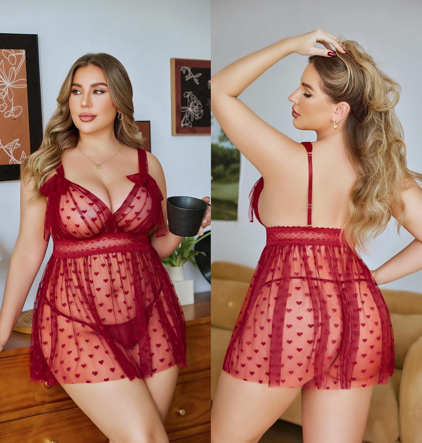 imageAvidlove Plus Size Lingeire for women Lace Babydoll Mesh Chemise Sexy Nightwear Sheer Nightie with Lace Up Bows L4XLWine Red