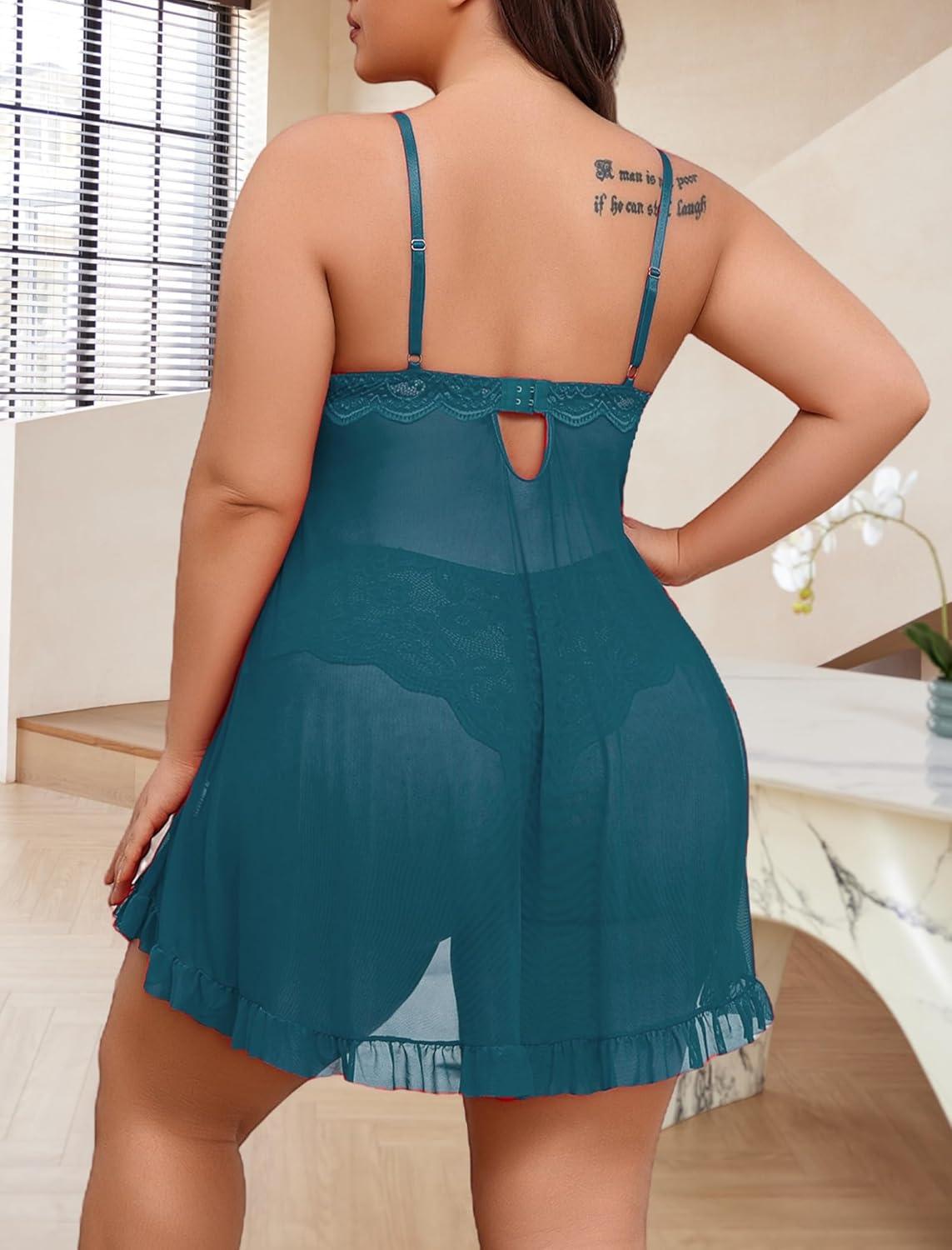 imageAvidlove Plus Size Lingerie for Women Sexy Lingerie Dress Lace Babydoll Lingerie VNeck Open Front Strap NightdressBlue Green