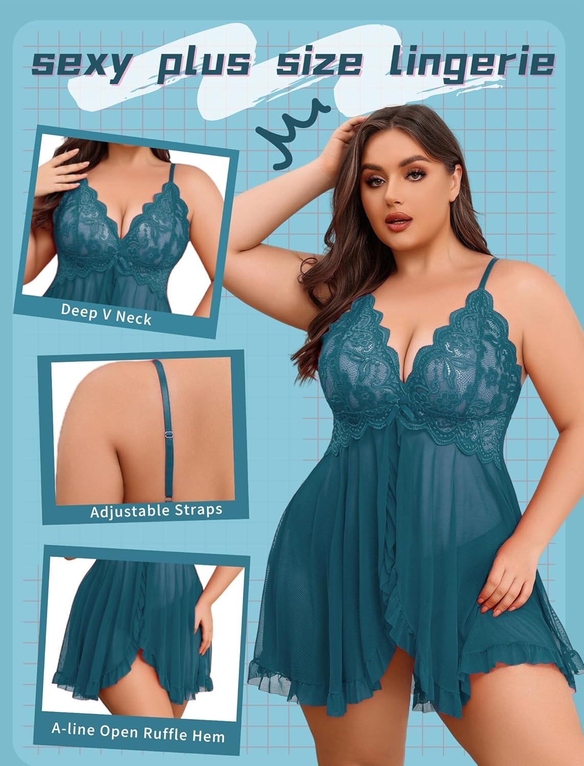 imageAvidlove Plus Size Lingerie for Women Sexy Lingerie Dress Lace Babydoll Lingerie VNeck Open Front Strap NightdressBlue Green