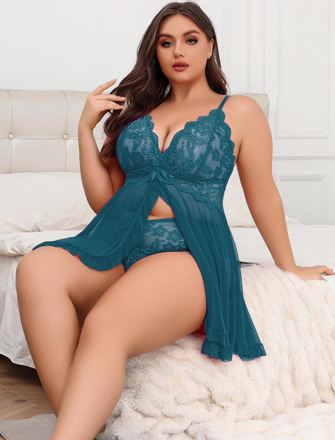 imageAvidlove Plus Size Lingerie for Women Sexy Lingerie Dress Lace Babydoll Lingerie VNeck Open Front Strap NightdressBlue Green