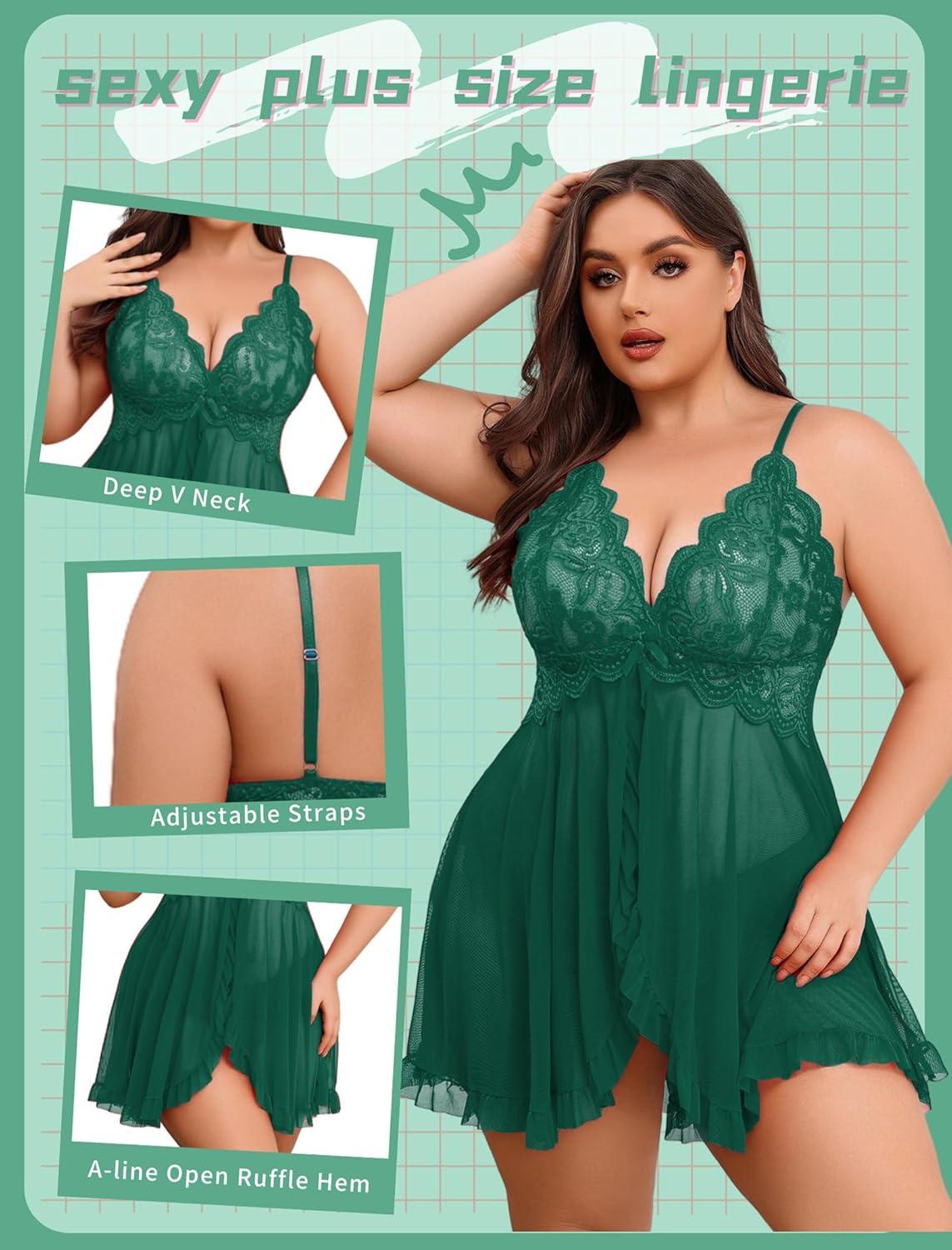 imageAvidlove Plus Size Lingerie for Women Sexy Lingerie Dress Lace Babydoll Lingerie VNeck Open Front Strap NightdressGreen