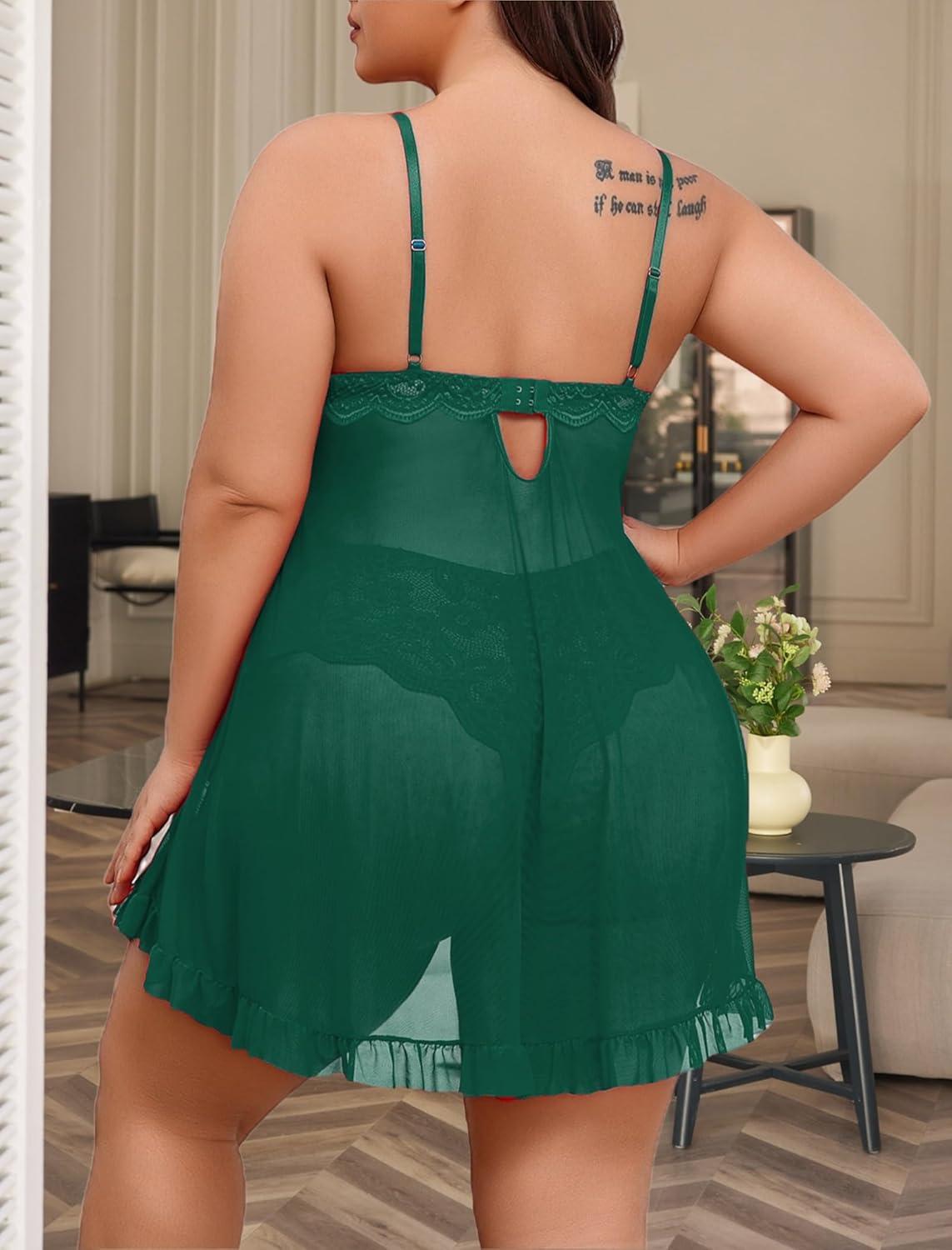 imageAvidlove Plus Size Lingerie for Women Sexy Lingerie Dress Lace Babydoll Lingerie VNeck Open Front Strap NightdressGreen
