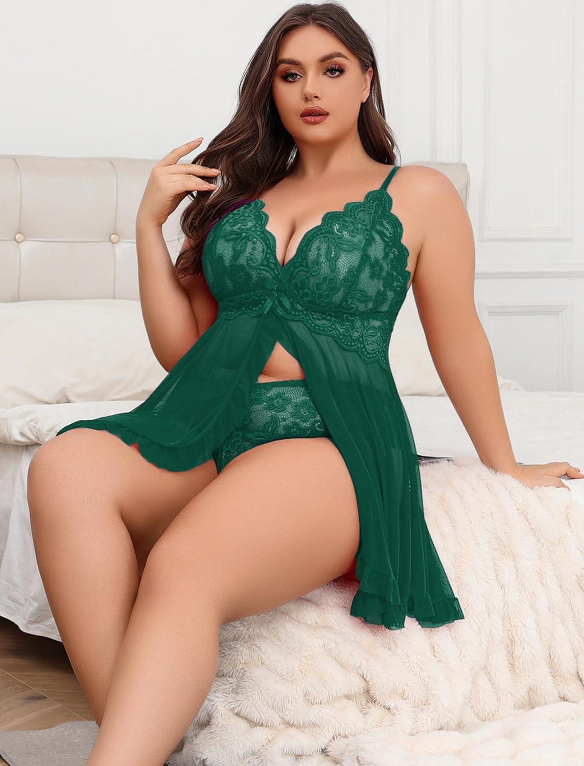 imageAvidlove Plus Size Lingerie for Women Sexy Lingerie Dress Lace Babydoll Lingerie VNeck Open Front Strap NightdressGreen