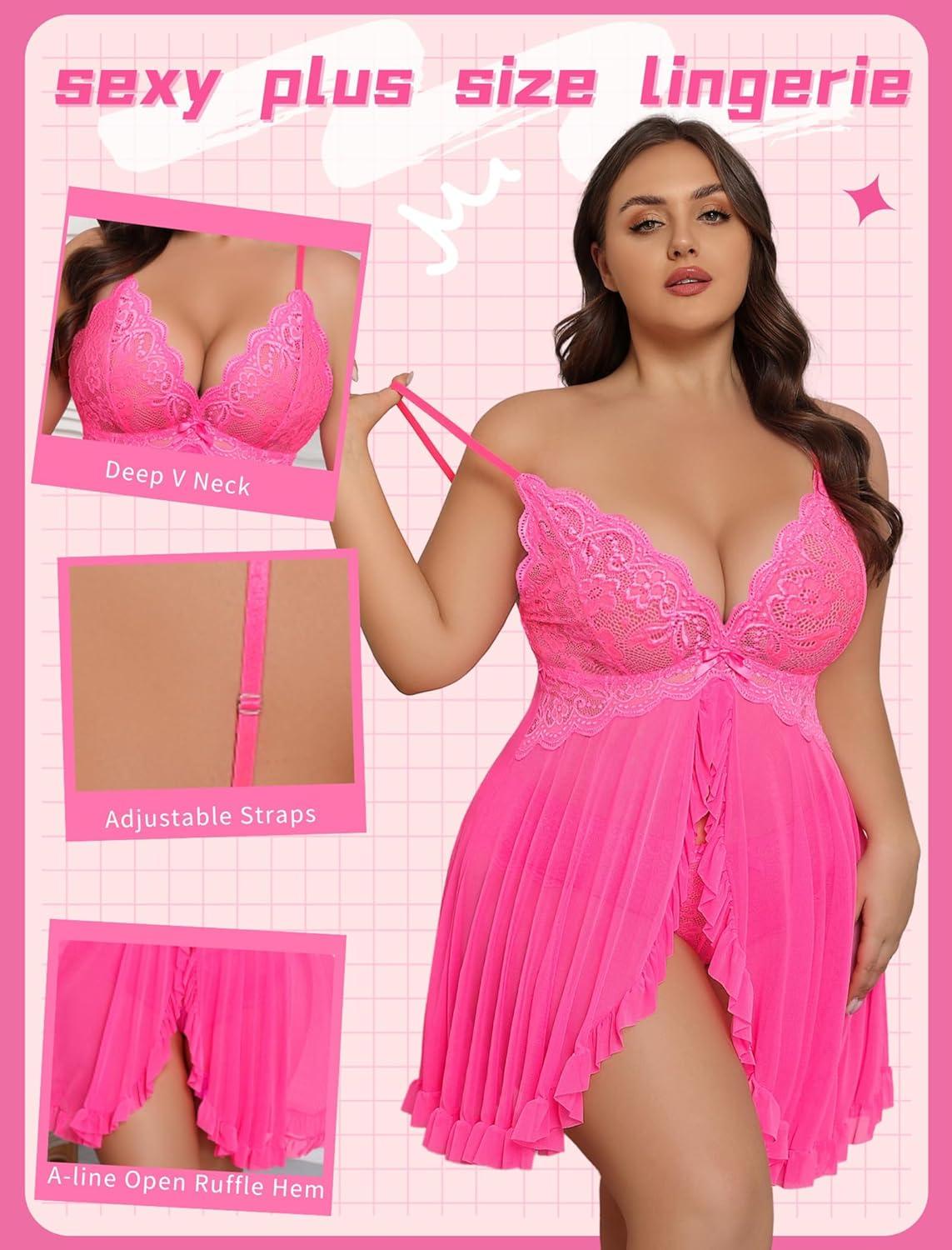 imageAvidlove Plus Size Lingerie for Women Sexy Lingerie Dress Lace Babydoll Lingerie VNeck Open Front Strap NightdressHot Pink