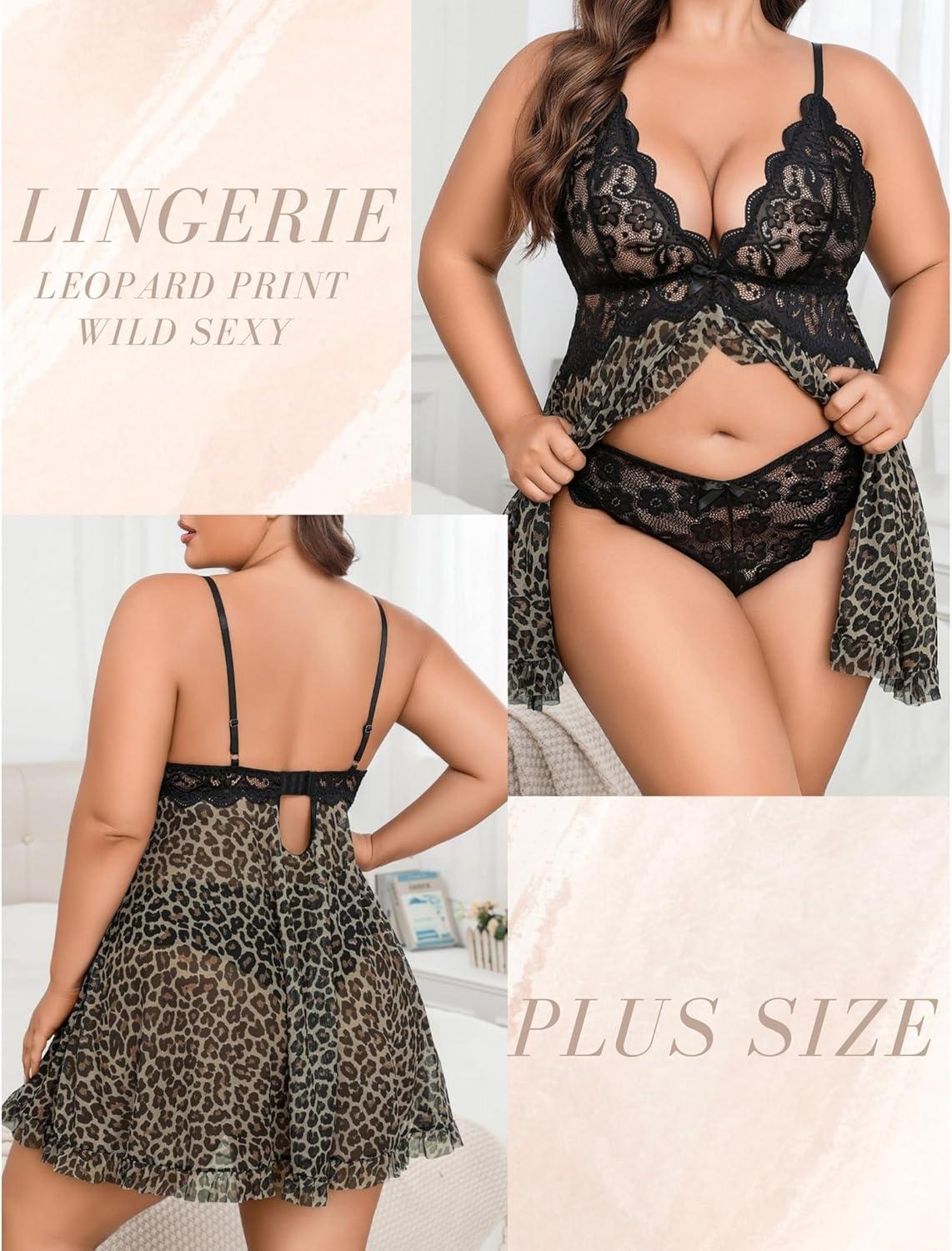 imageAvidlove Plus Size Lingerie for Women Sexy Lingerie Dress Lace Babydoll Lingerie VNeck Open Front Strap NightdressLeopard Print