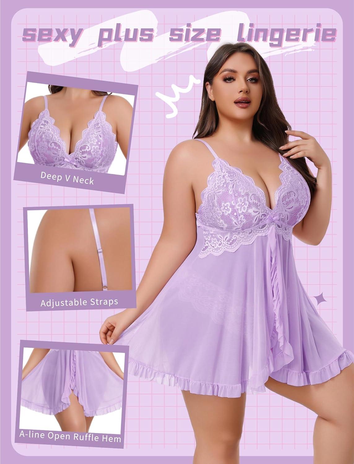 imageAvidlove Plus Size Lingerie for Women Sexy Lingerie Dress Lace Babydoll Lingerie VNeck Open Front Strap NightdressLilac