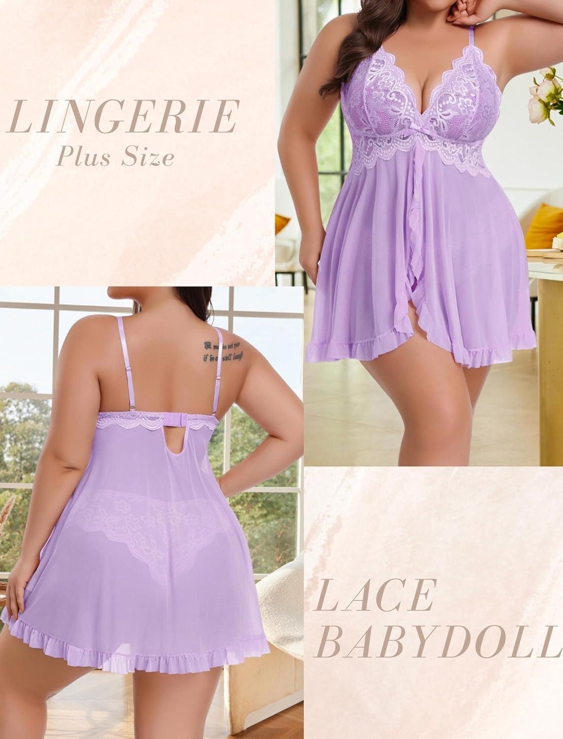 imageAvidlove Plus Size Lingerie for Women Sexy Lingerie Dress Lace Babydoll Lingerie VNeck Open Front Strap NightdressLilac
