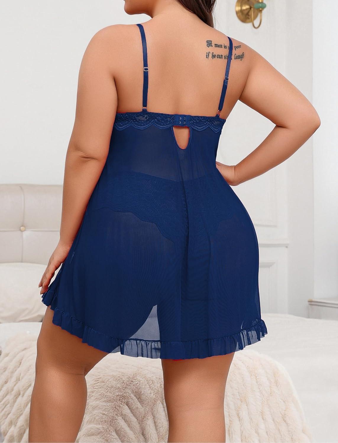 imageAvidlove Plus Size Lingerie for Women Sexy Lingerie Dress Lace Babydoll Lingerie VNeck Open Front Strap NightdressNavy Blue