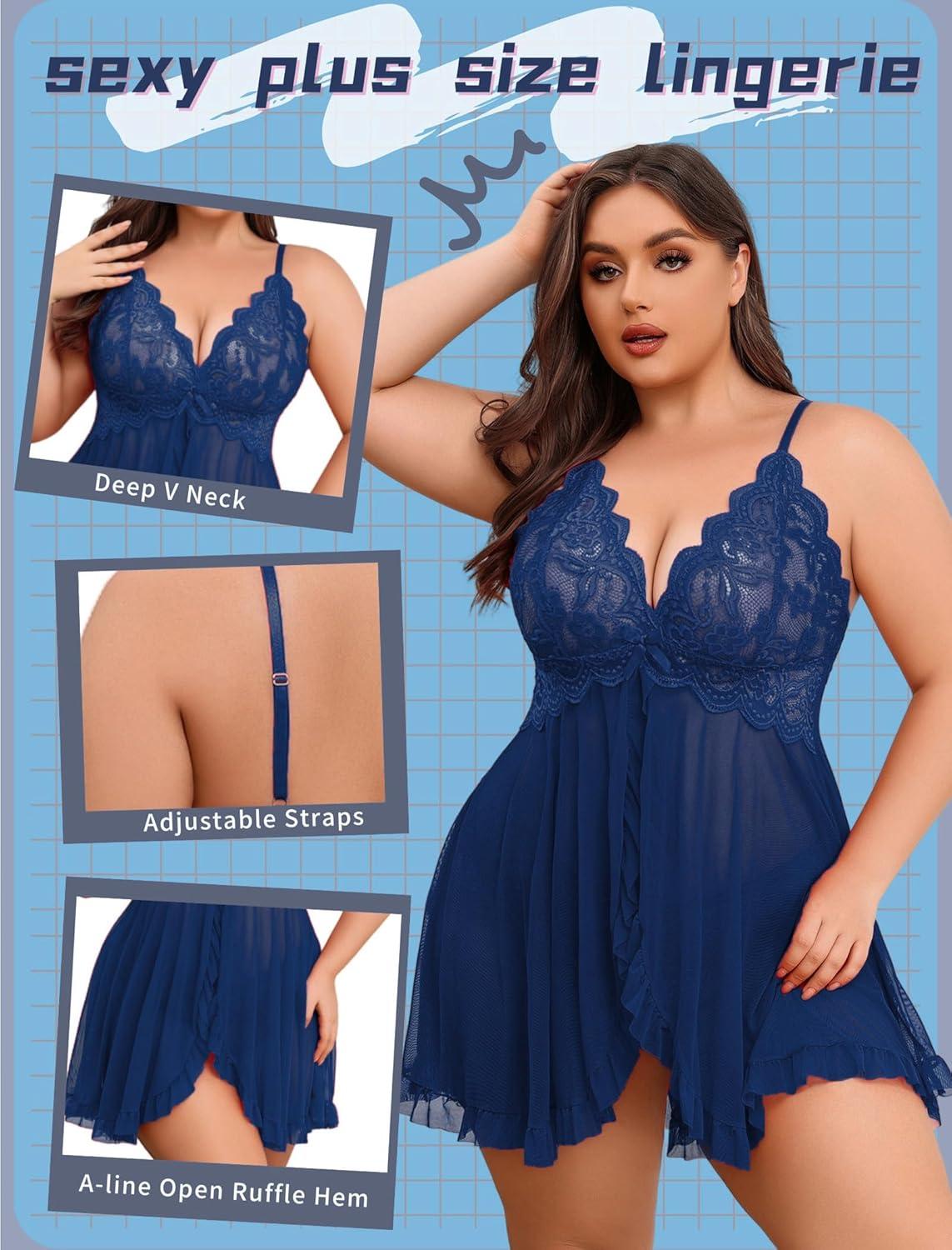 imageAvidlove Plus Size Lingerie for Women Sexy Lingerie Dress Lace Babydoll Lingerie VNeck Open Front Strap NightdressNavy Blue
