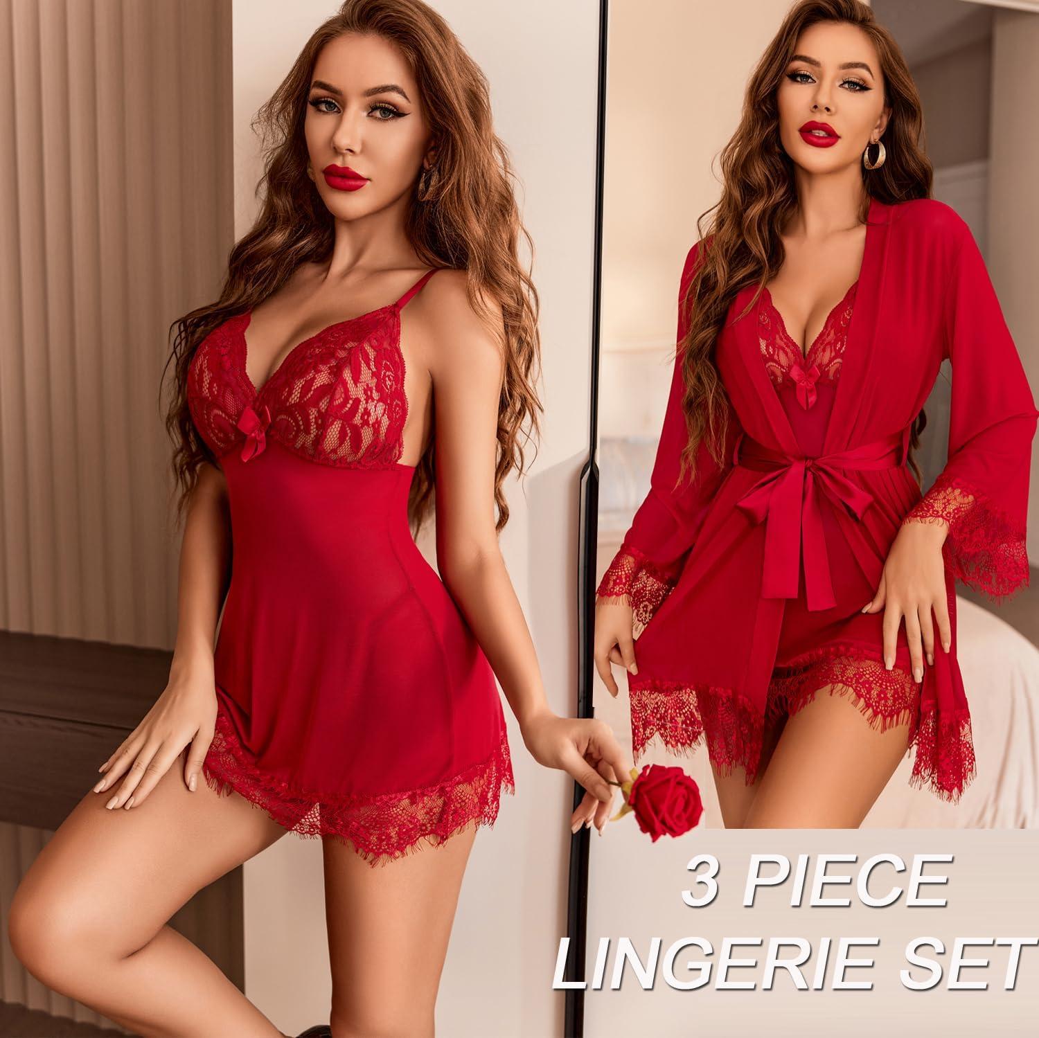 imageAvidlove Sexy Lingerie for Women 3 Piece Lingerie Sets Lace Lingerie Robe Mesh NightgownDark Red