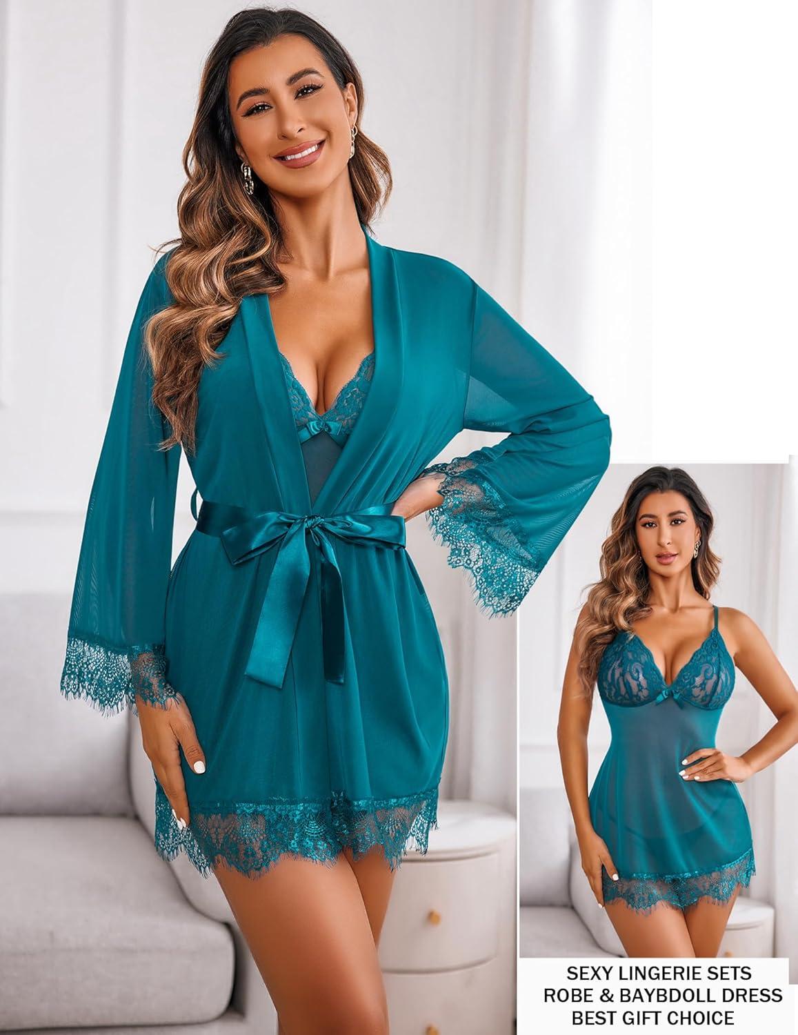 imageAvidlove Sexy Lingerie for Women 3 Piece Lingerie Sets Lace Lingerie Robe Mesh NightgownPeacock Blue
